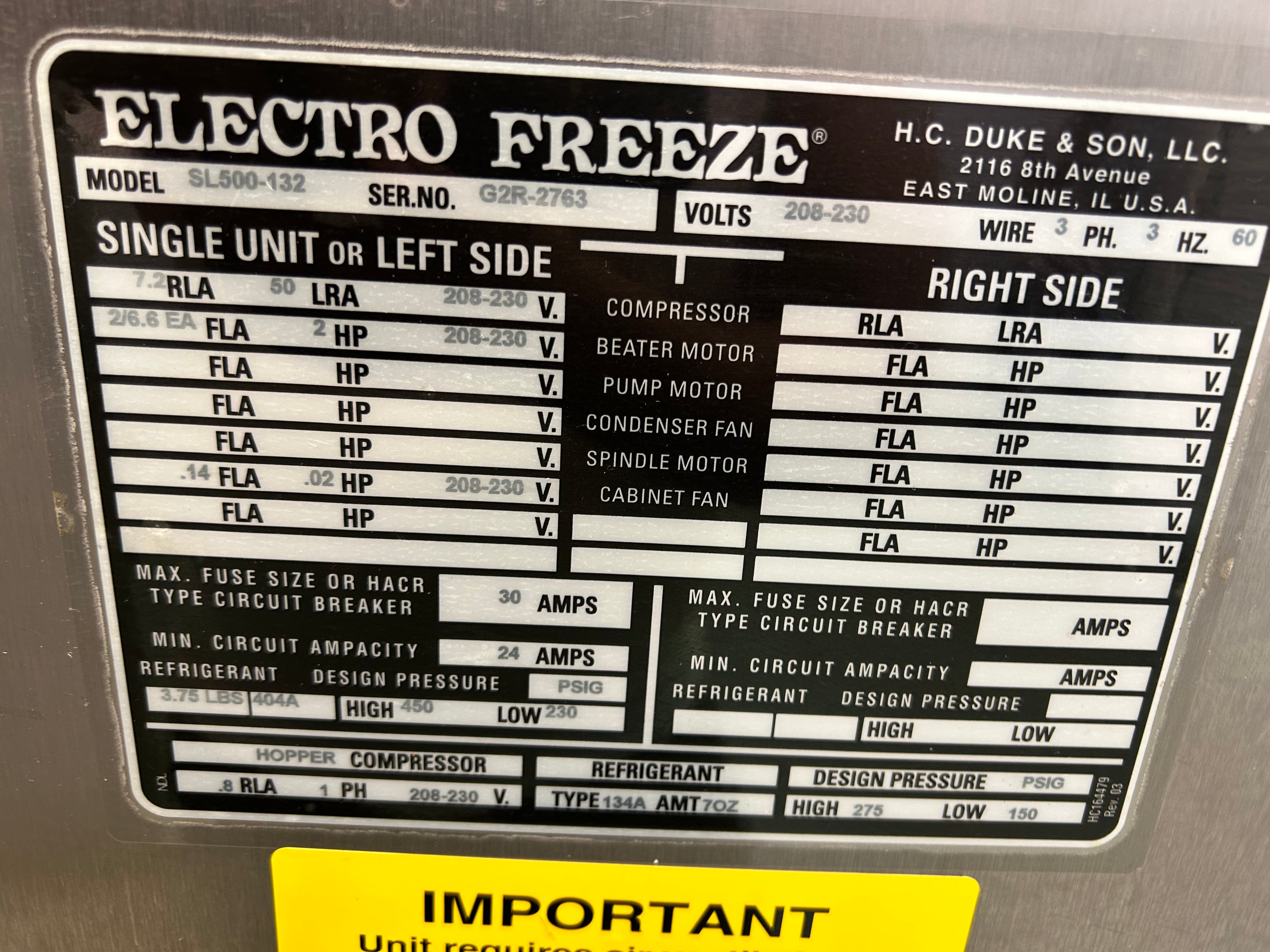 2012 Electro Freeze SL500 3ph water