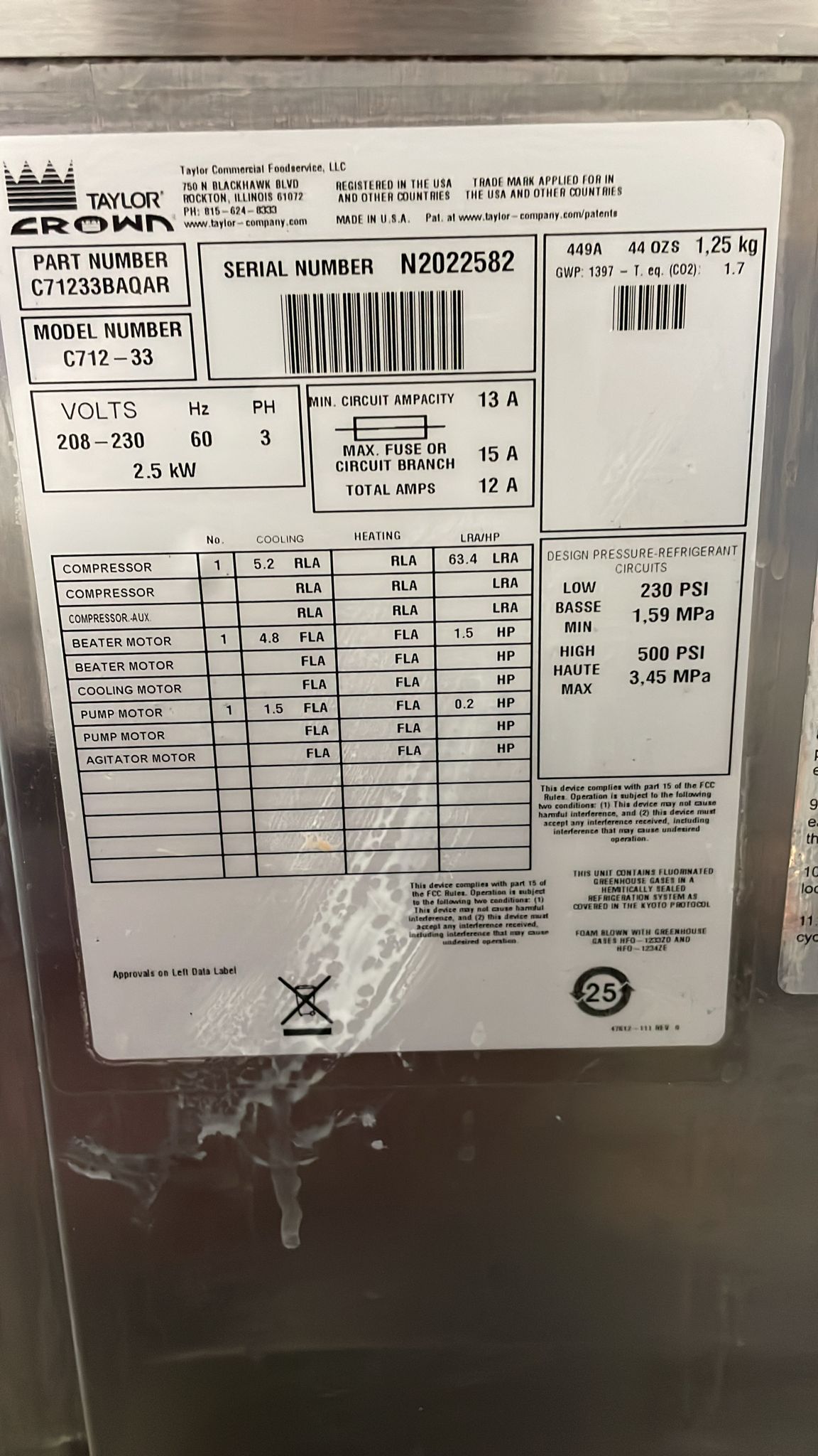 2022 Taylor C712-33 3 Phase air cooled