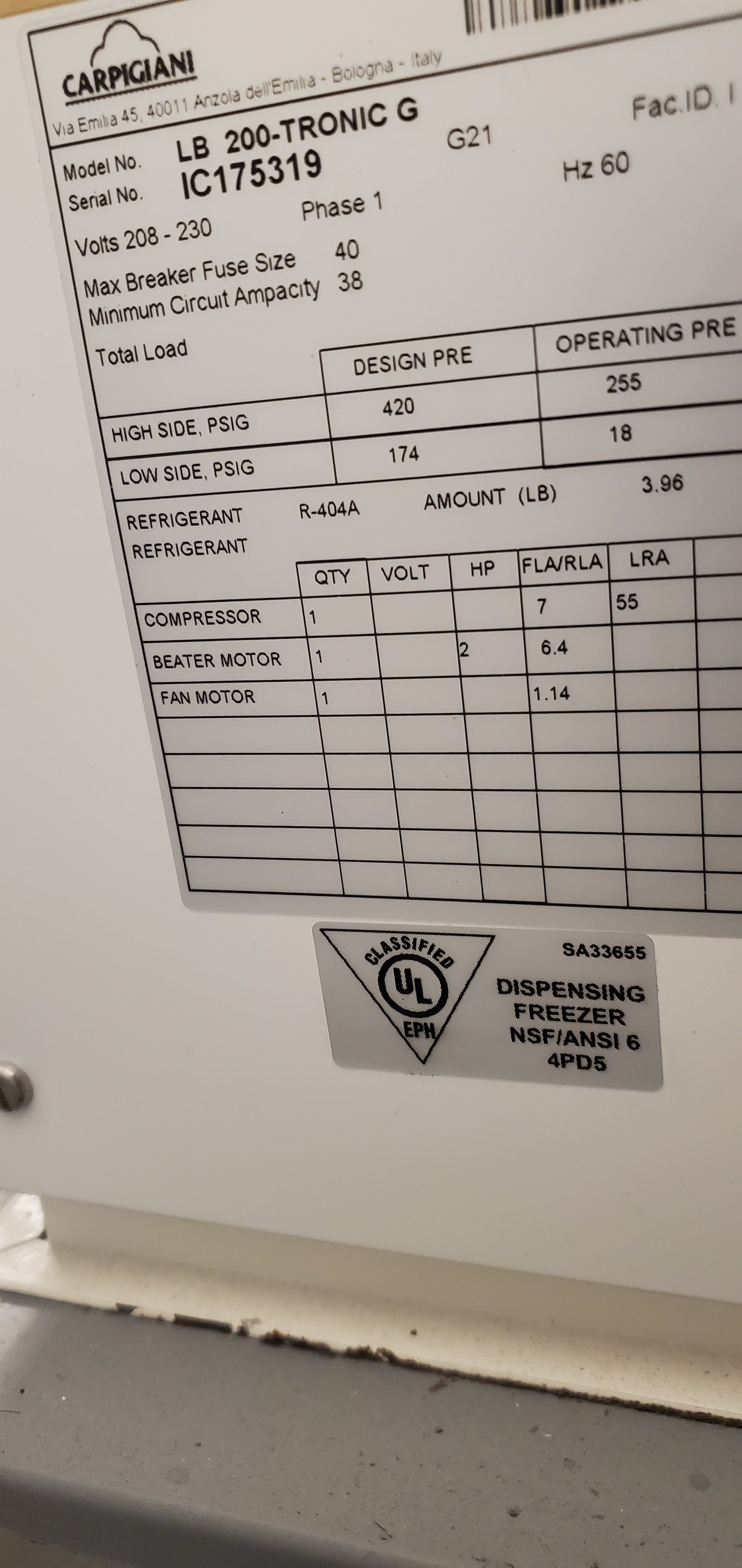 2021 Carpigiani LB200 1ph Air Batch Freezer