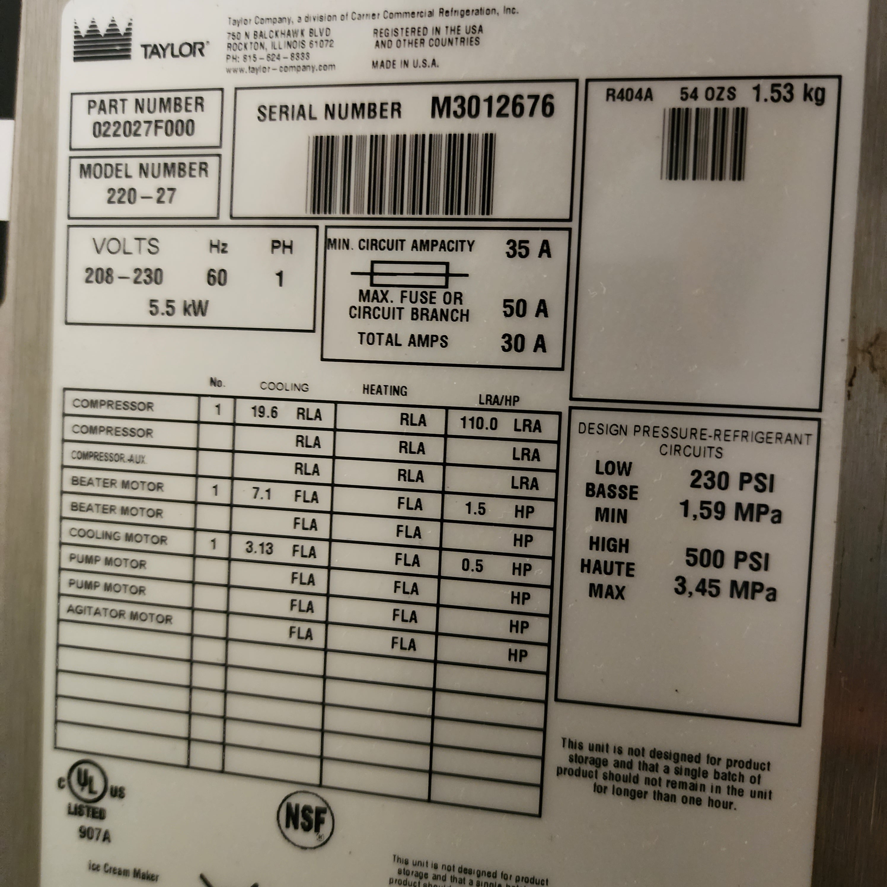 2013 Taylor 220 Batch Freezer 1ph air