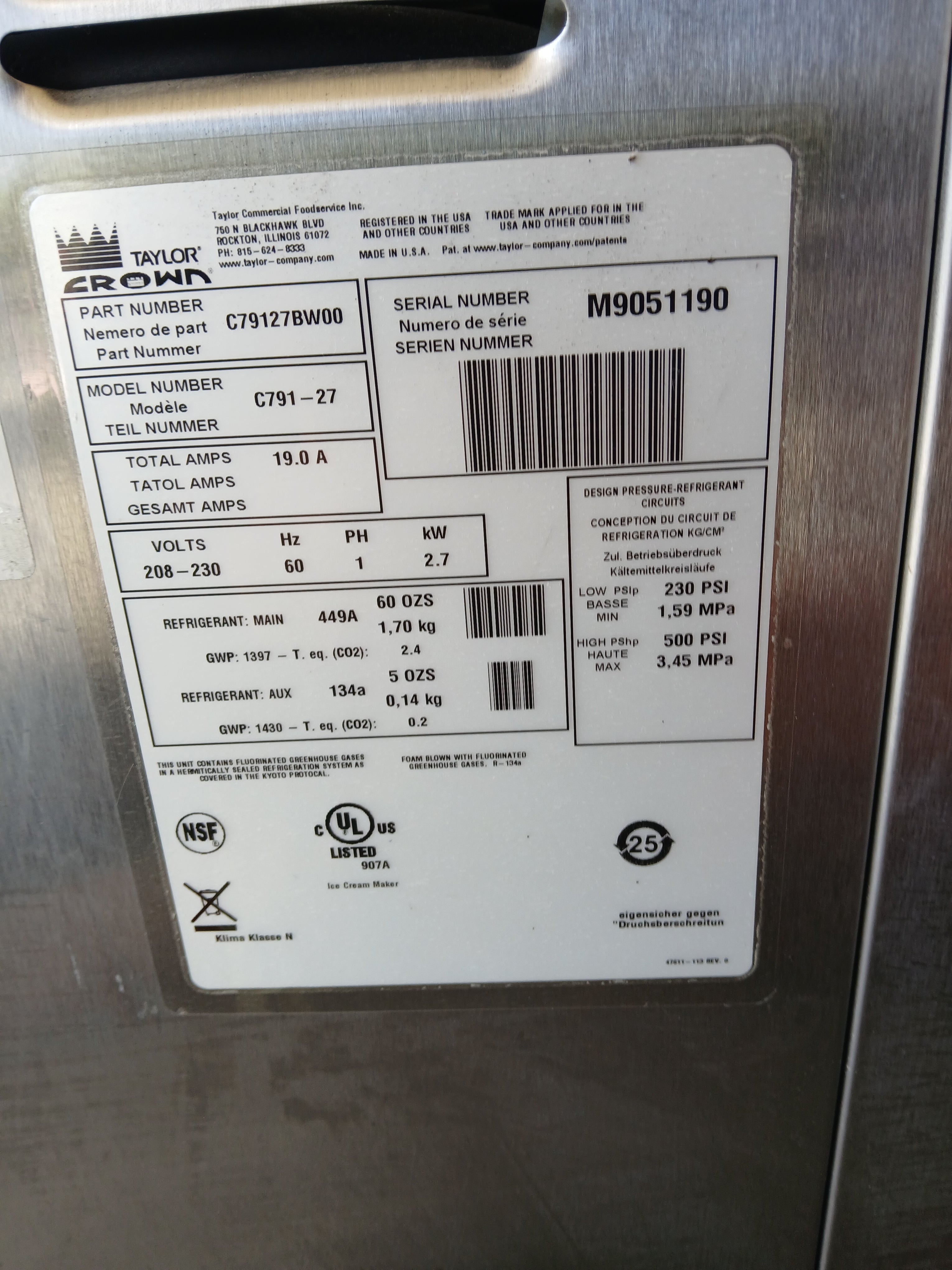 2019 Taylor C791-27 Air Cooled refurbished soft serve machine