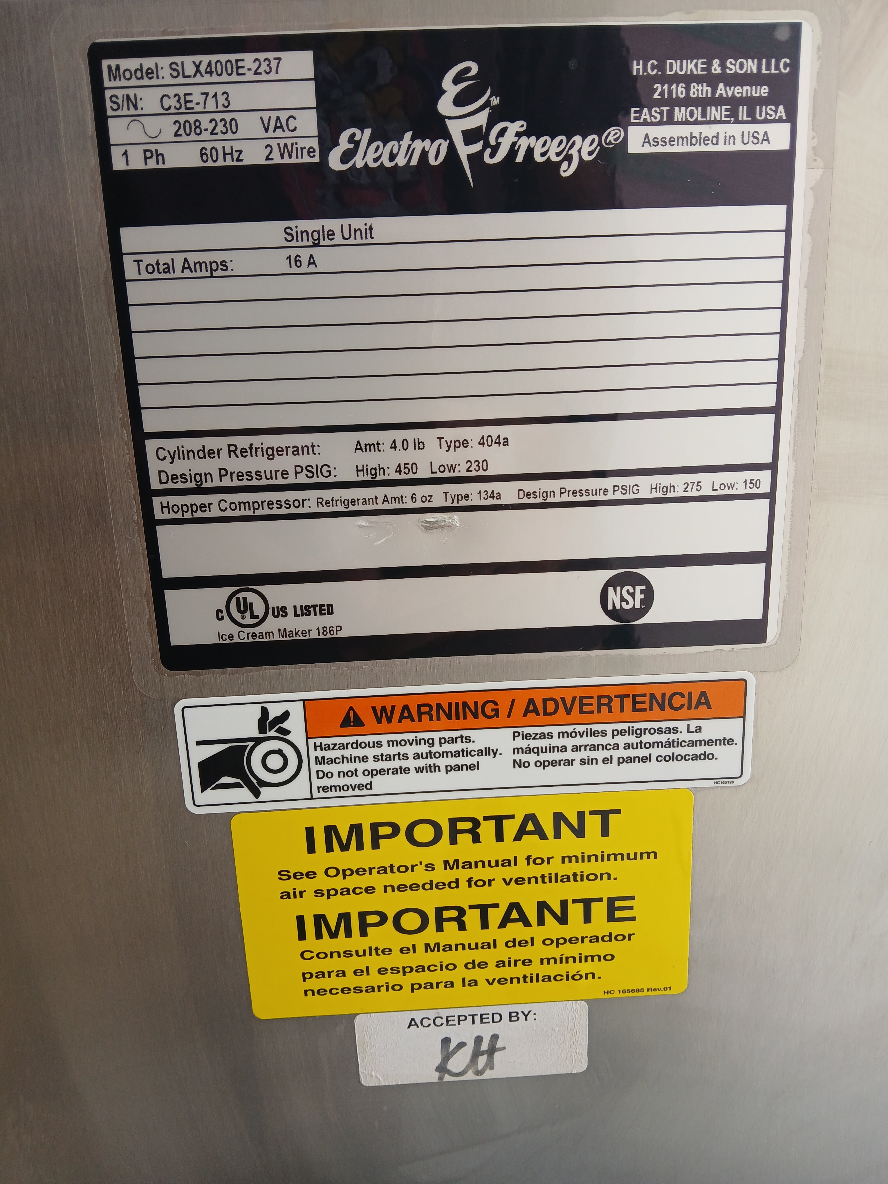 2022 Electro Freeze SLX400E-237 -Air Cooled-1-Phase-SN:C3E-713