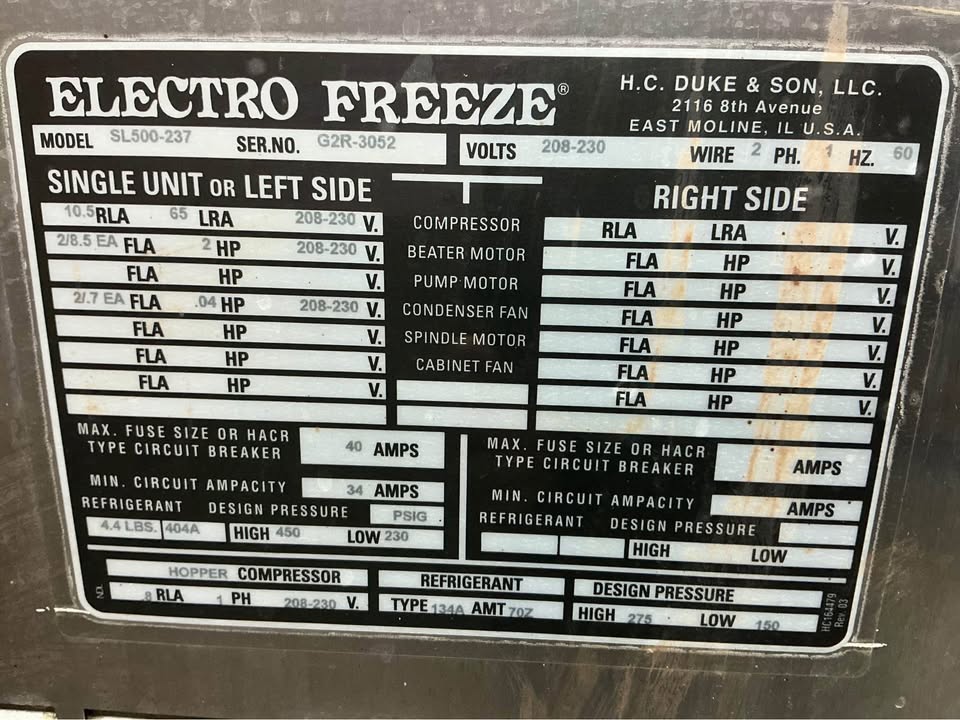 2012 Electro Freeze SL500 1ph Air