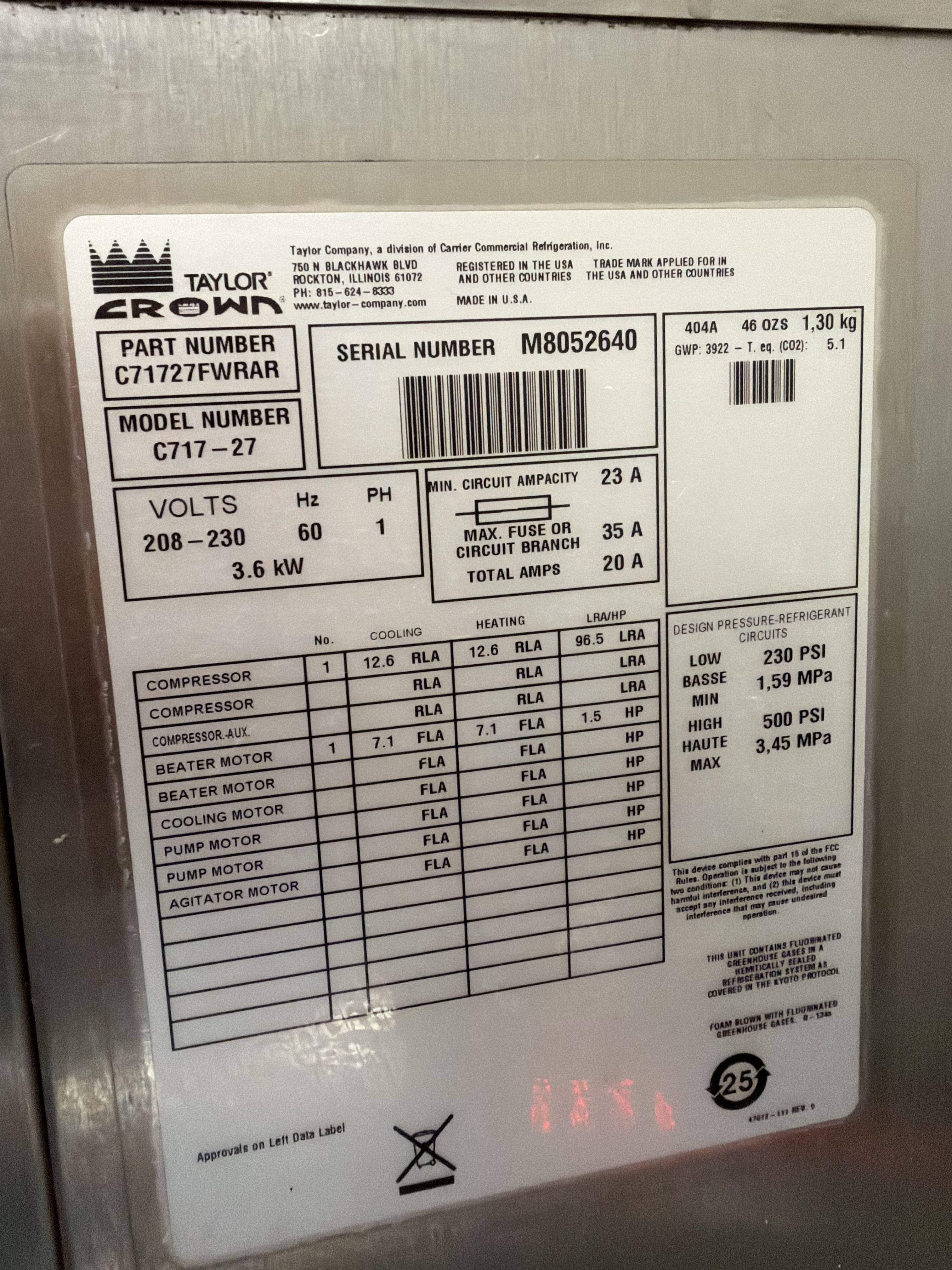 2018 Taylor C717-27 – Air Cooled – 1-Phase (220V)