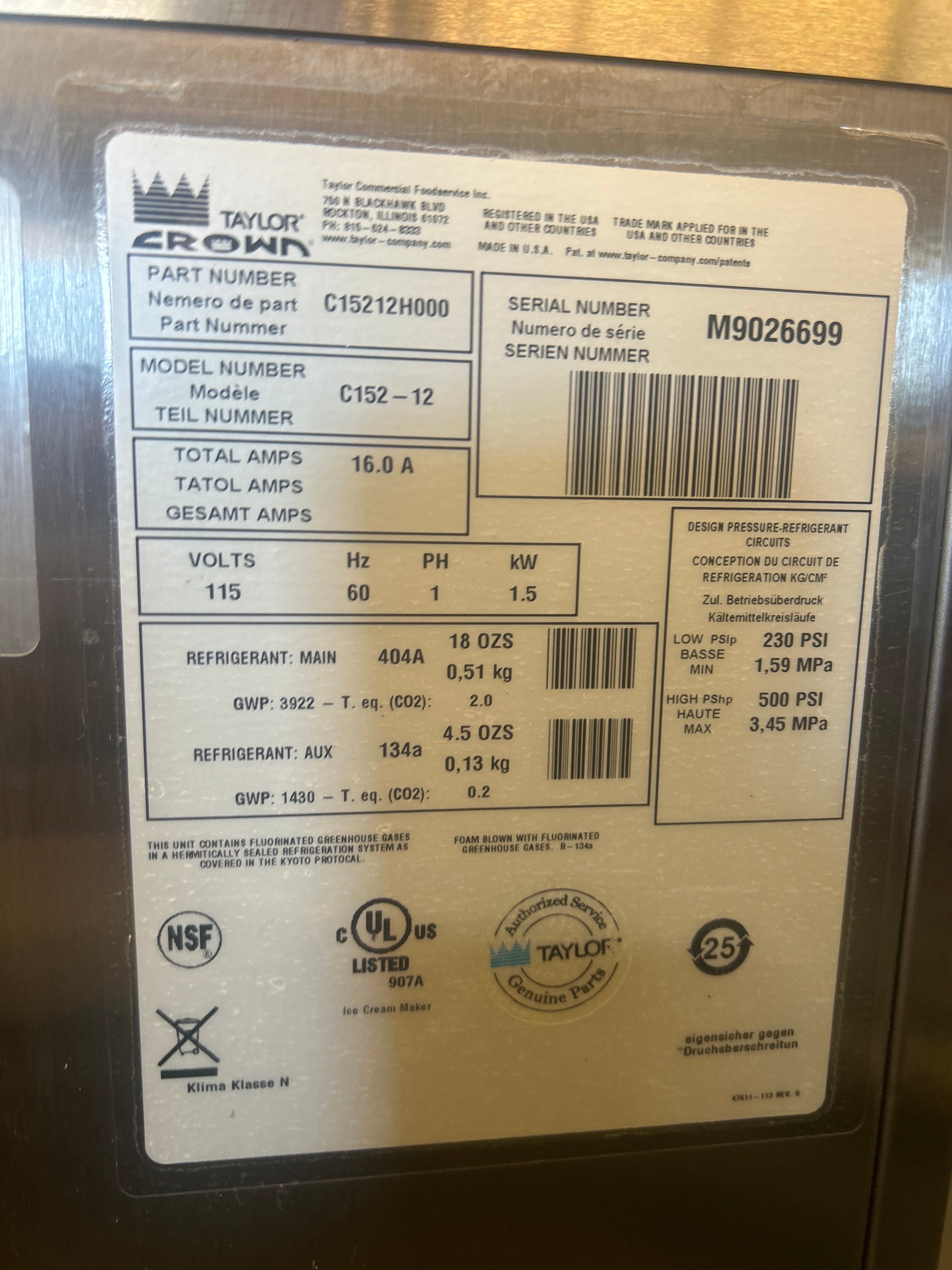 In 2019 Taylor C152-12 1ph Air w/warranty counter top