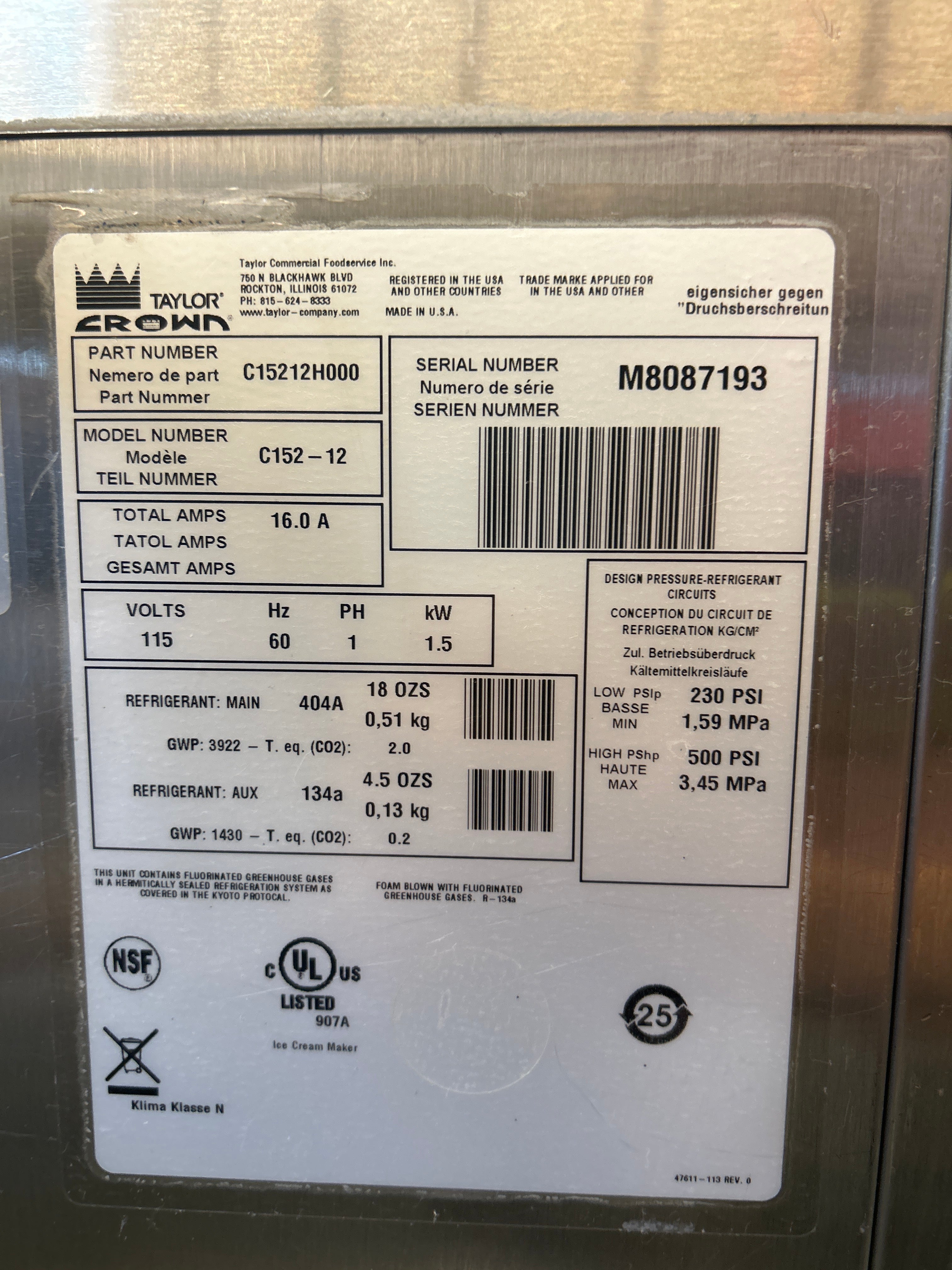 In 2018 Taylor C152-12 1ph Air w/warranty soft serve machine