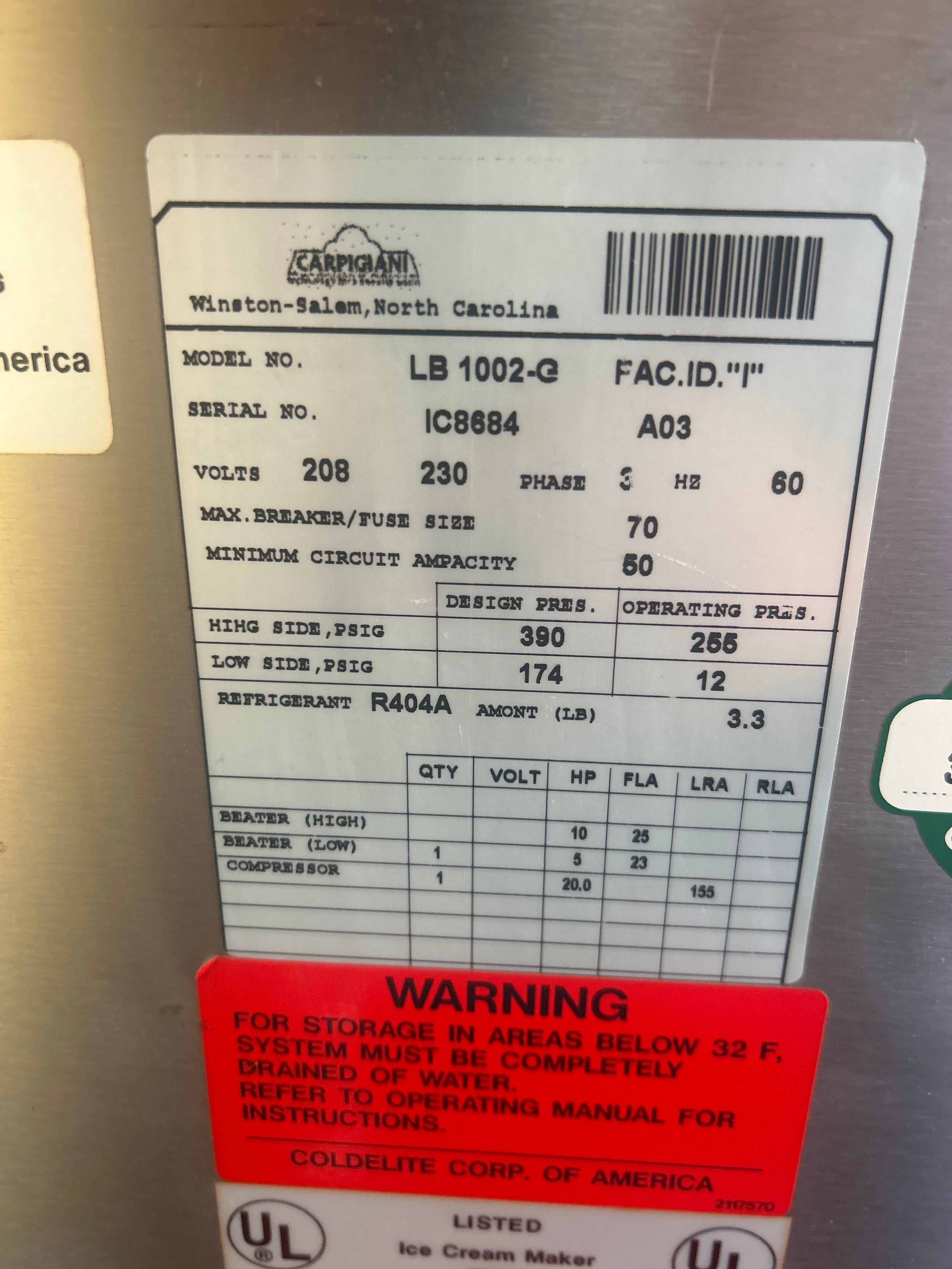 Used 37qt Carpgiani LB1002 Batch Freezer