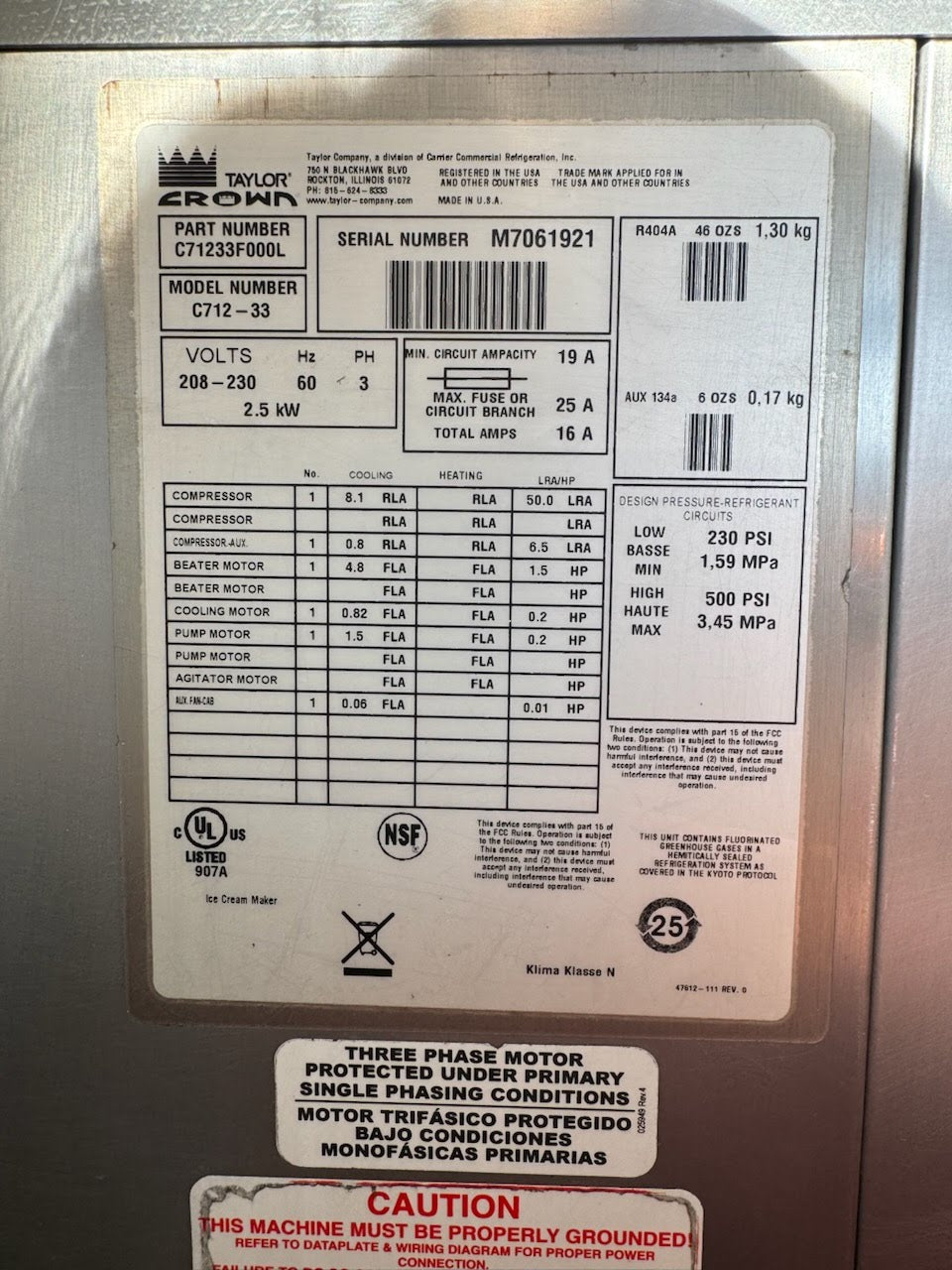 2017 Taylor C712-33 3ph air pump machine
