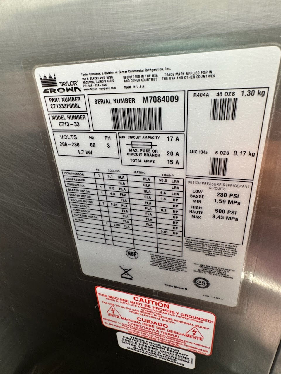 2017 Taylor C713-33 3ph air cooled