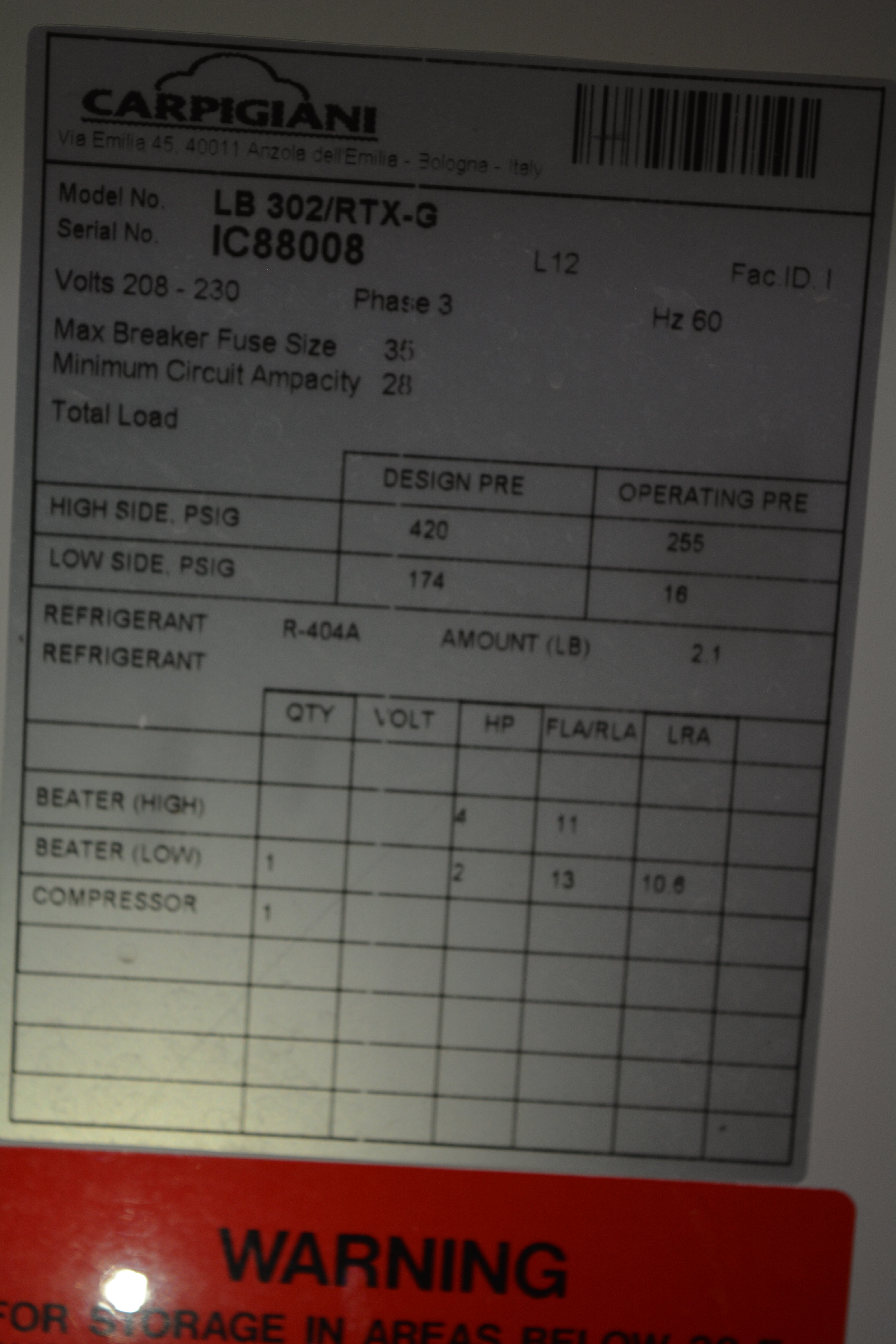 2012 Carpigiani LB302-RTX-G 3ph water