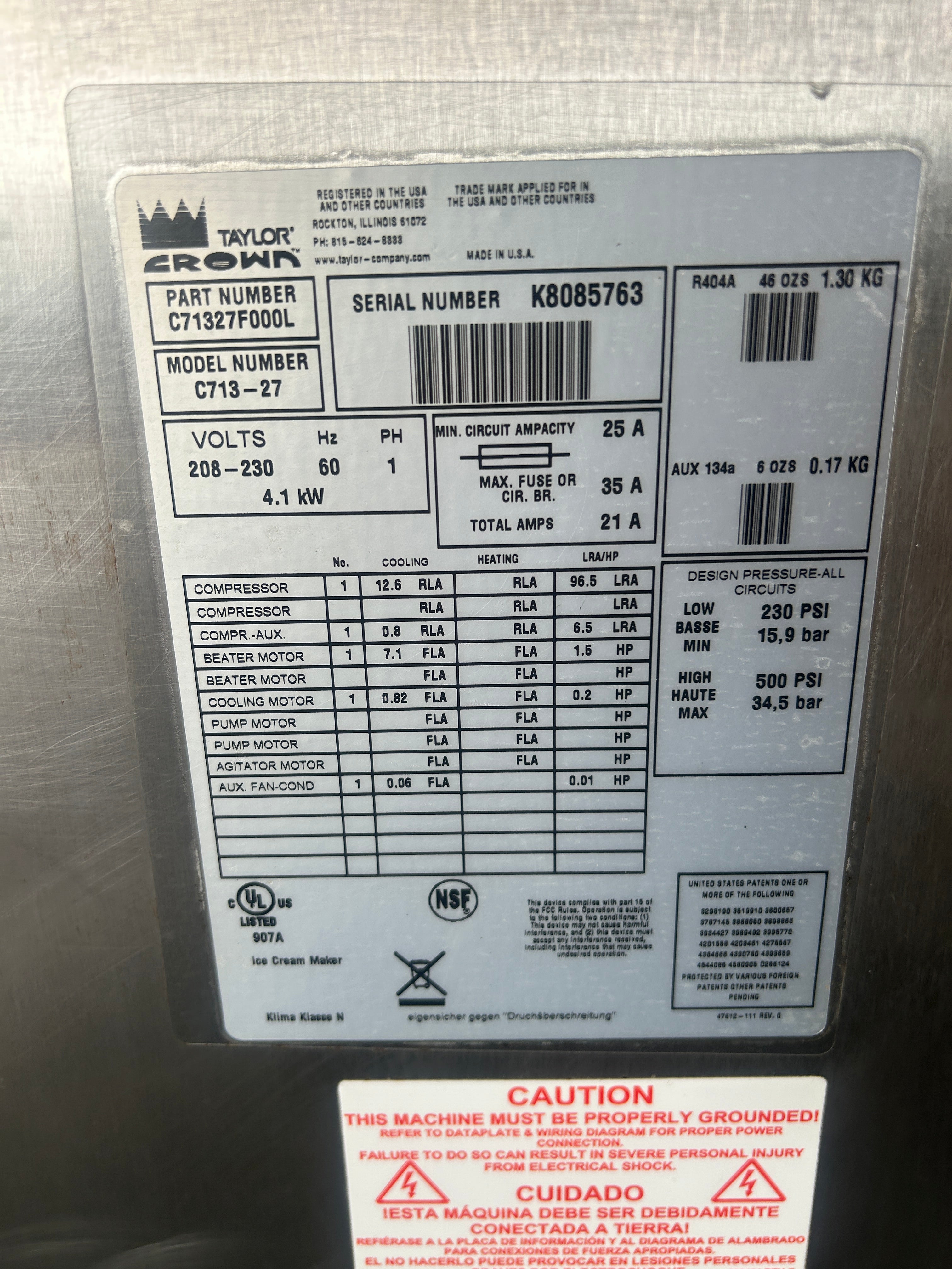 2008 Taylor C713 1Ph Air w warranty