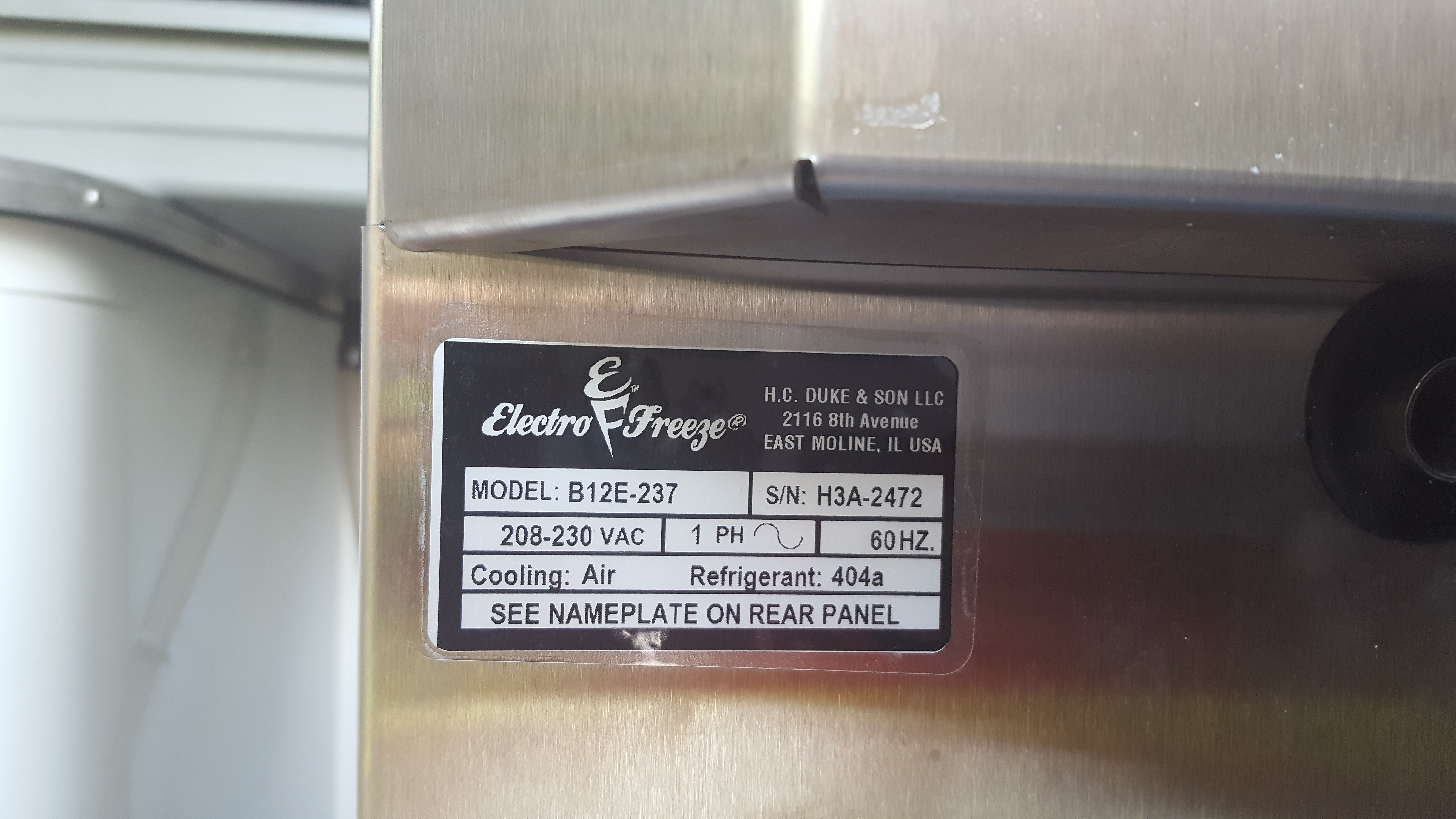 2018 B12E Electrofreeze Batch Freezer 1ph air (check, wire or financing payment only)