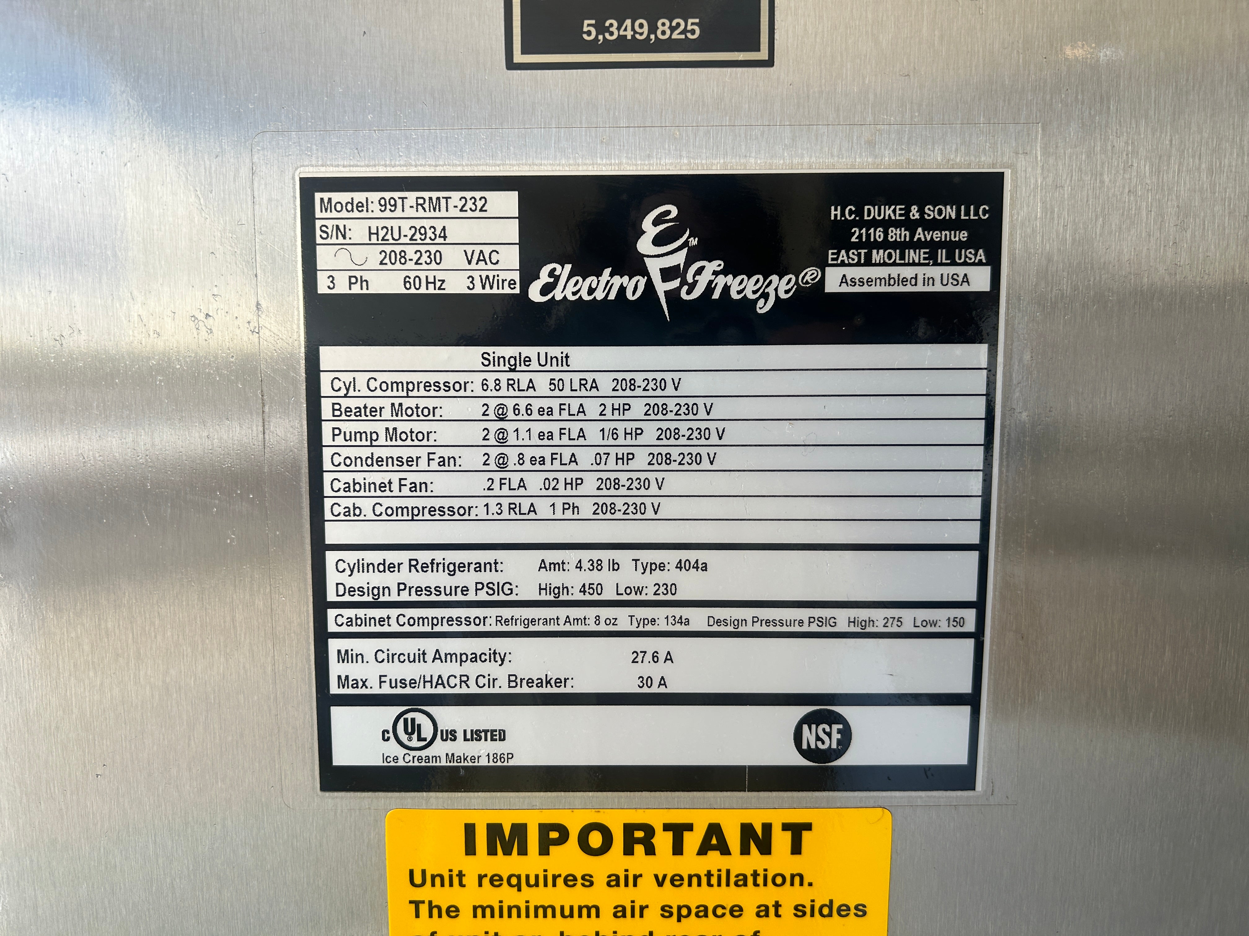 2015 Electro Freeze 99T-RMT 3Ph Air Cooled