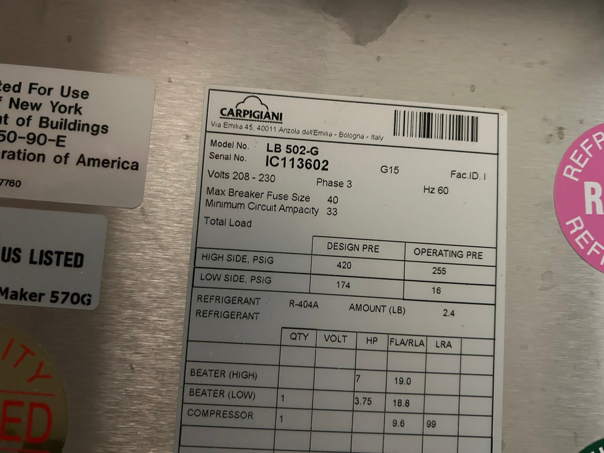 2016 Carpigiani LB502-G 3ph water