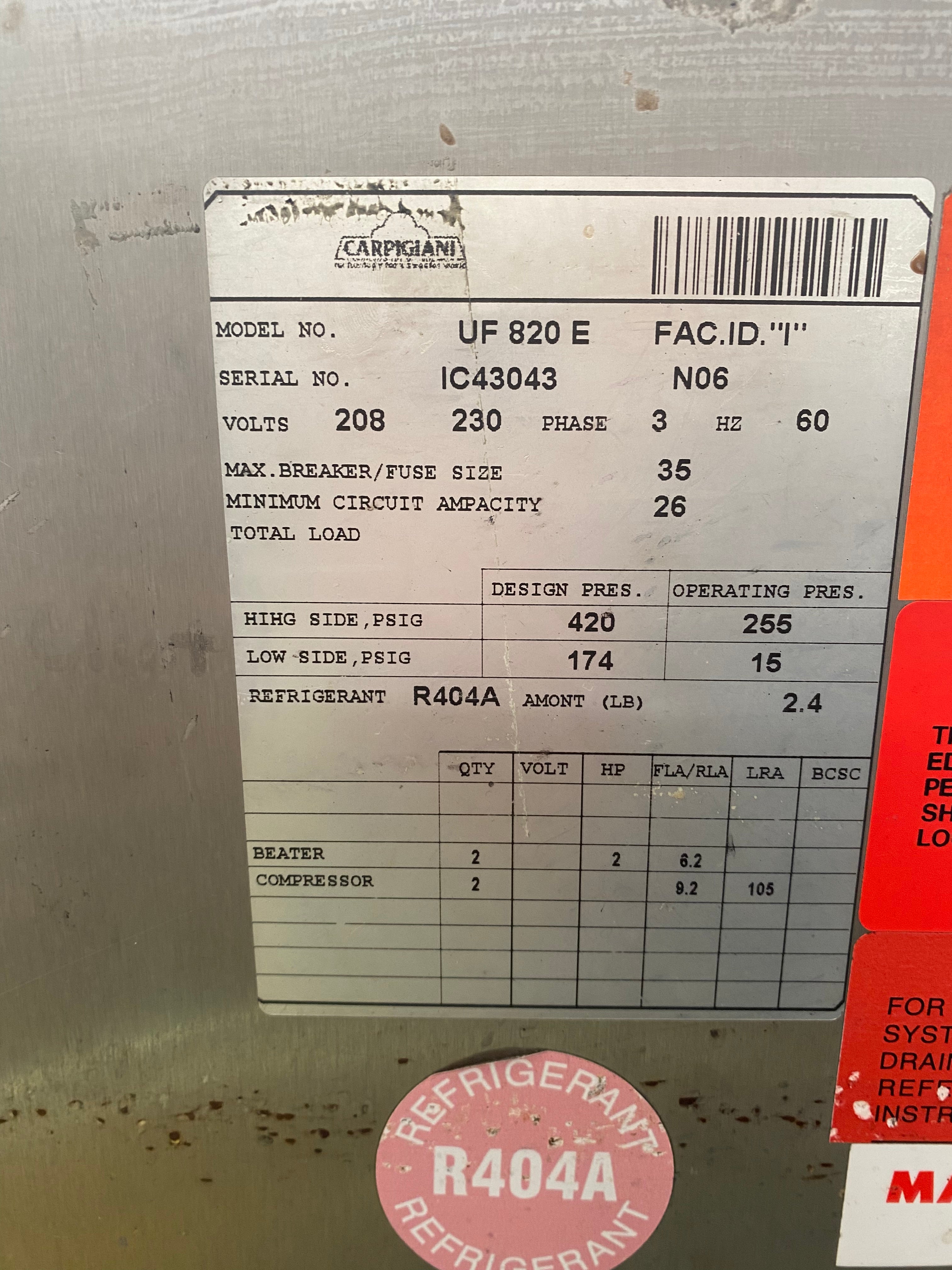 2006 UF820 Carpigiani 3ph water cooled