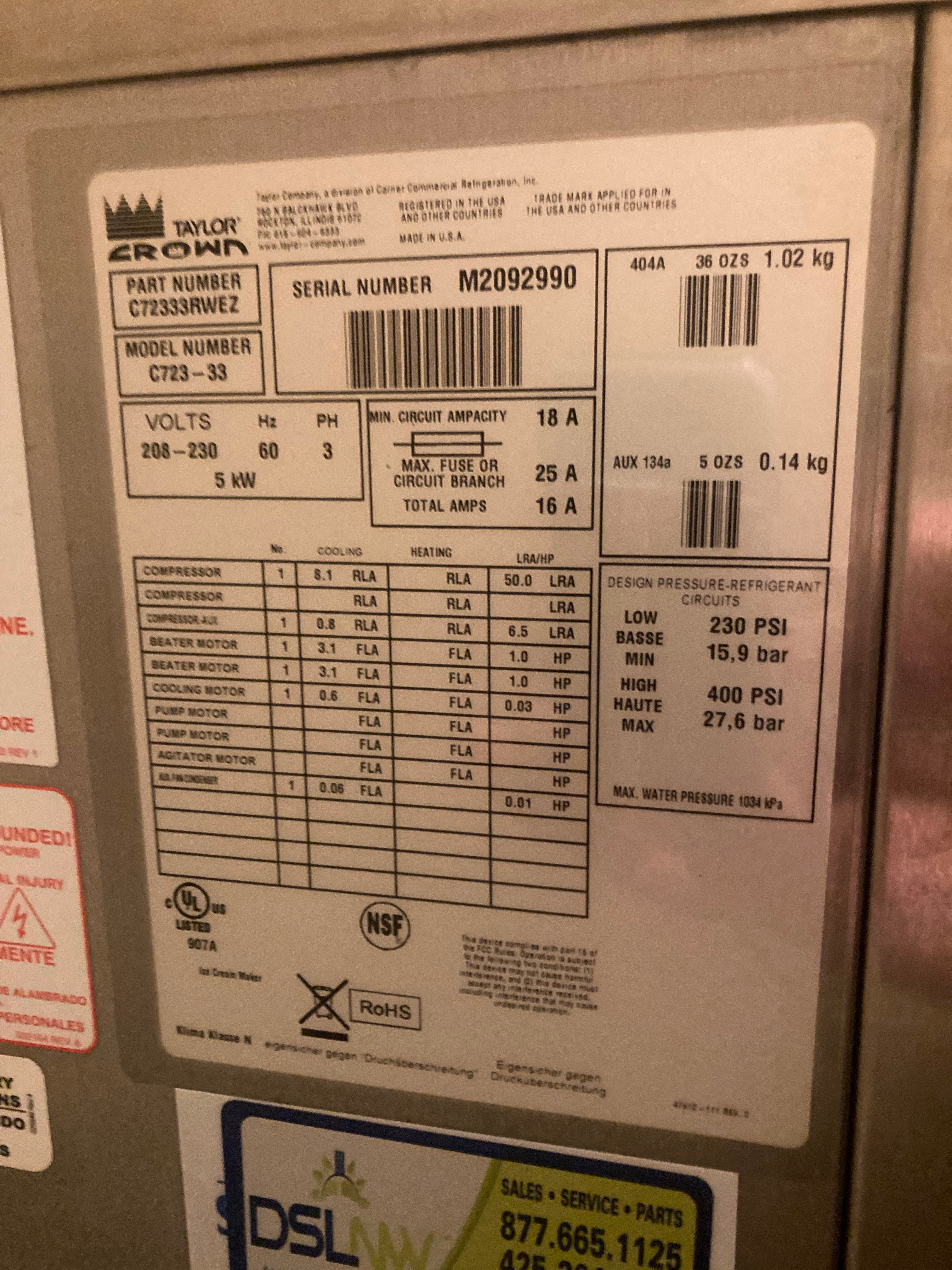 2012 Taylor C723 3ph water