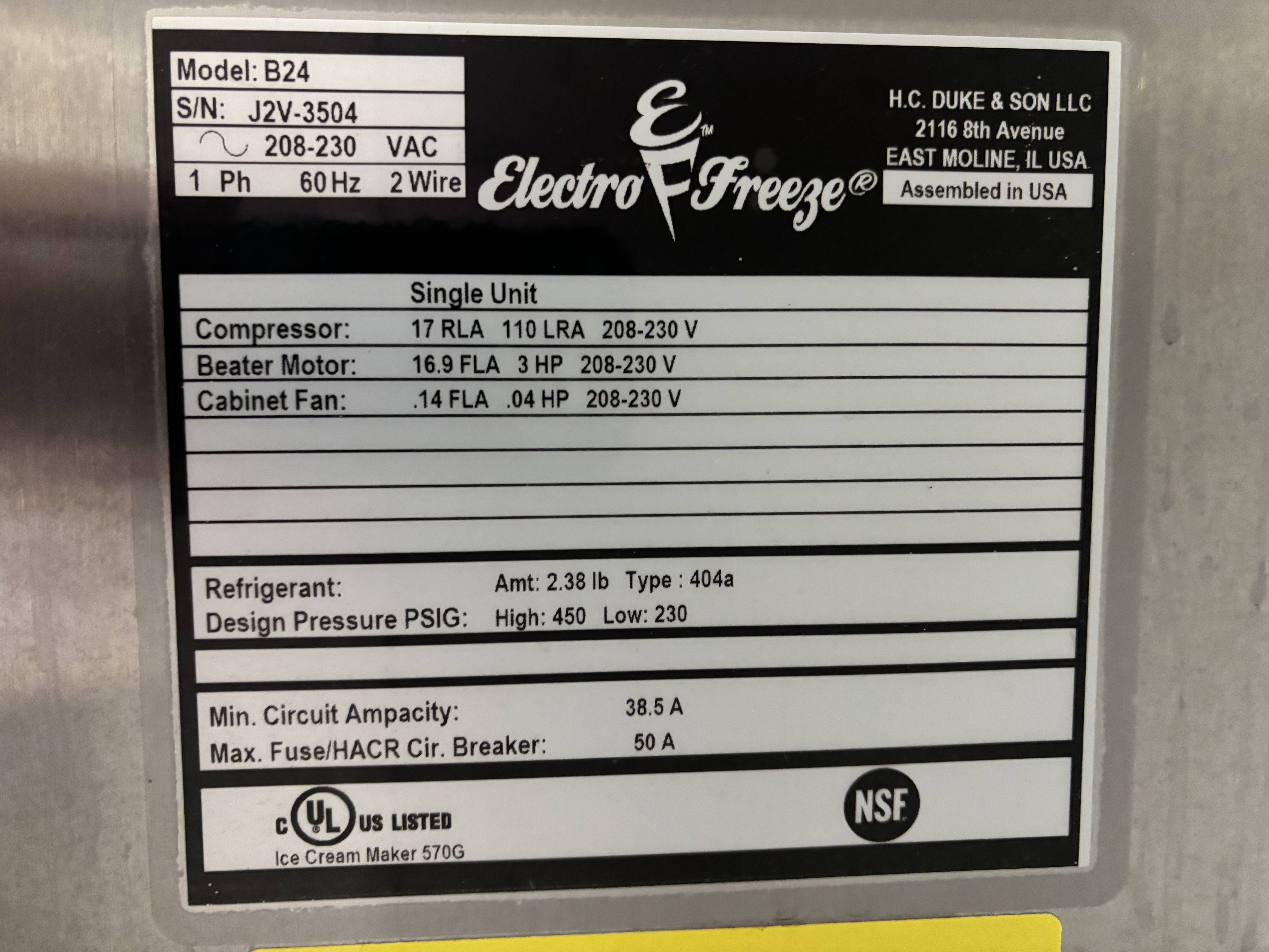 2016 Electrofreeze B24 – Water Cooled – 1-Phase (220V)
