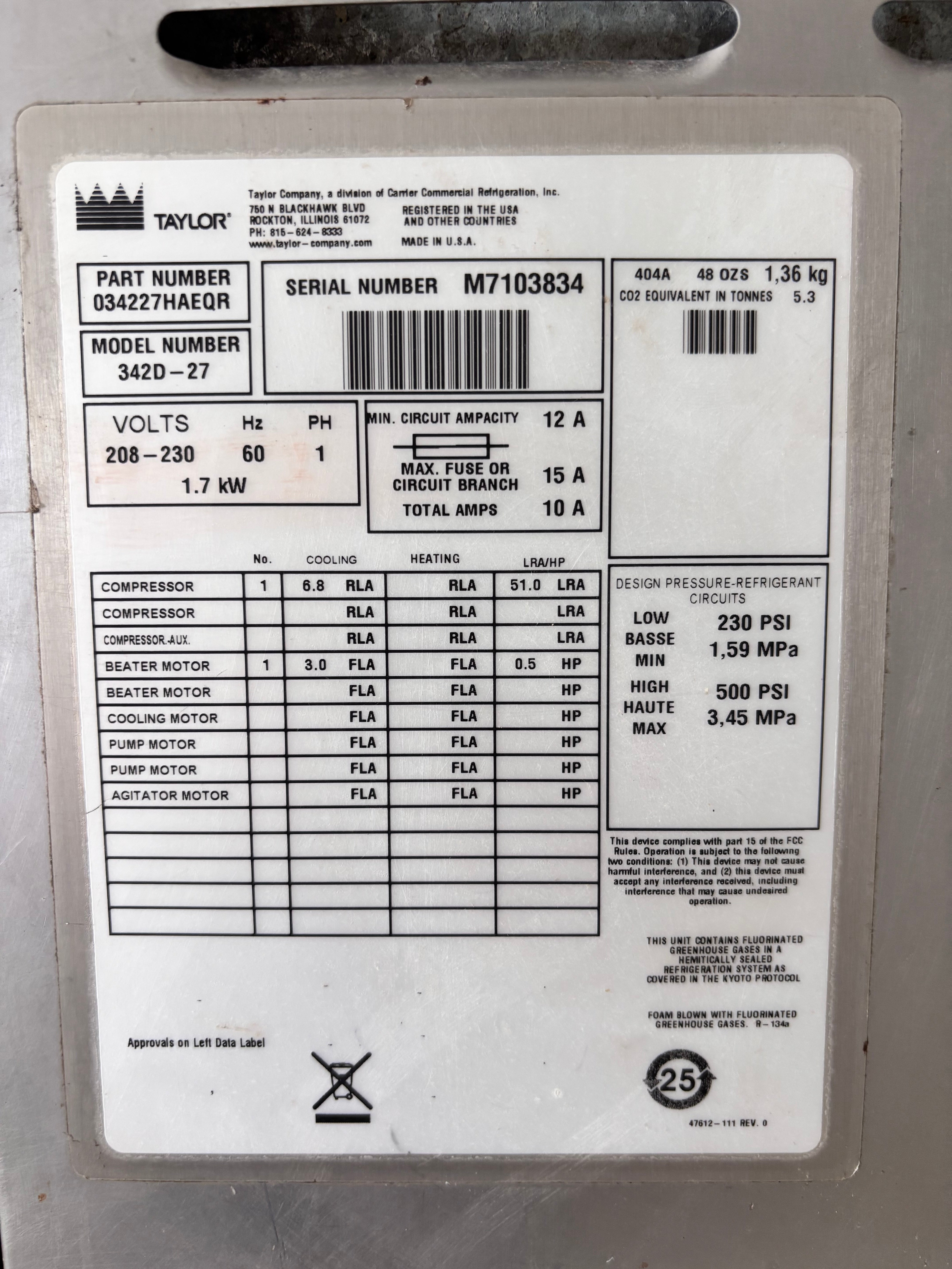 2017 Taylor 342 Milk Shake machine 1 ph air