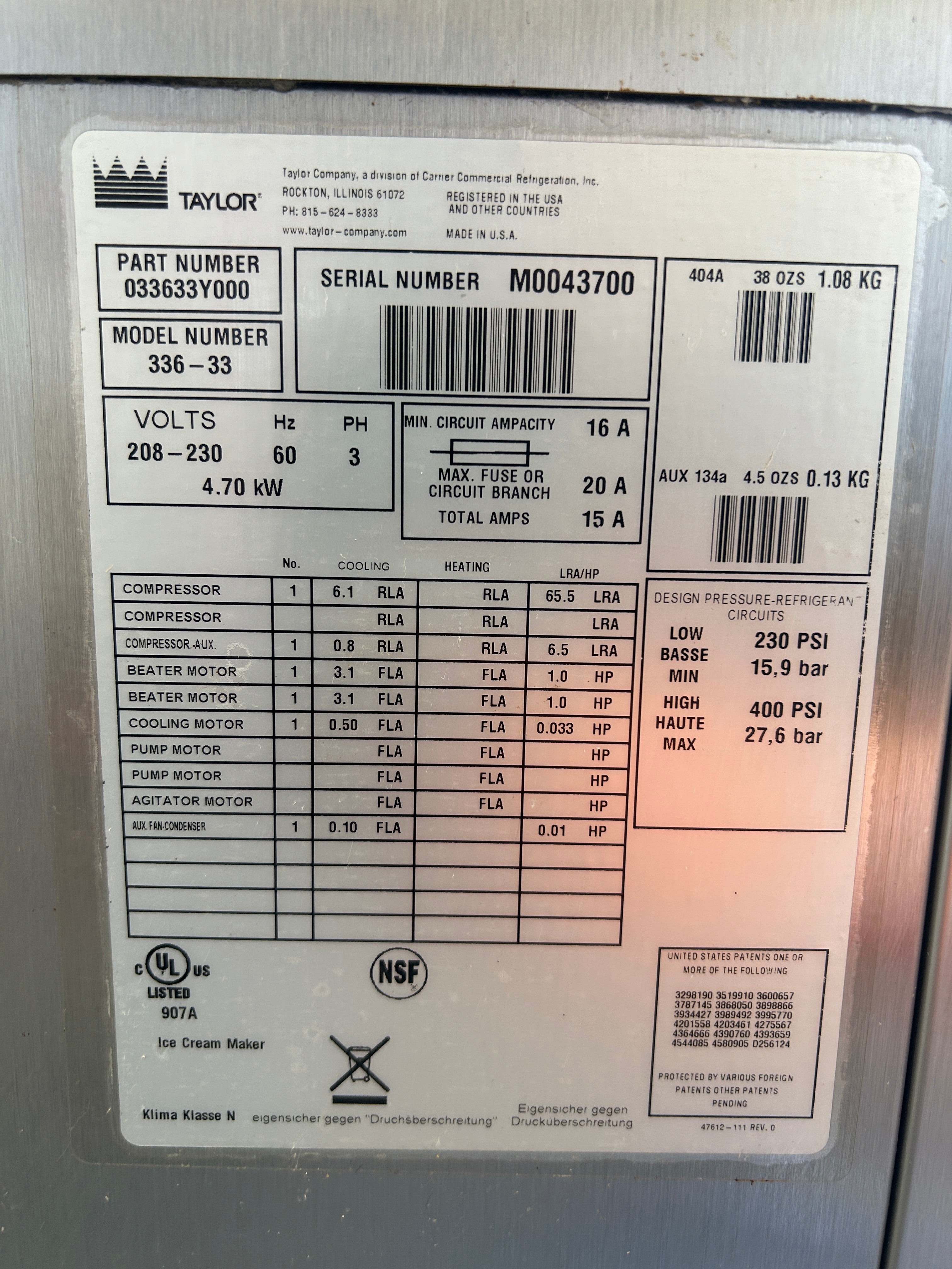 2010 Taylor 336 3PH Water w warranty