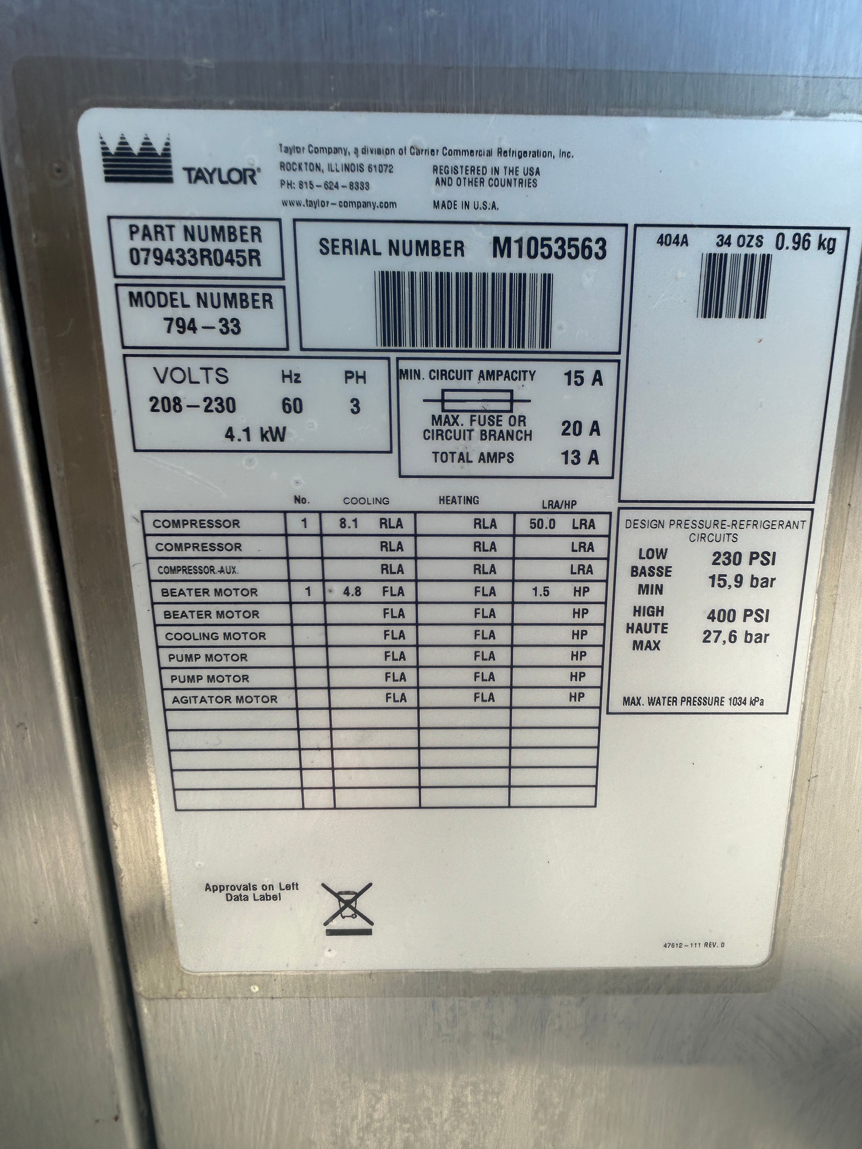 2011 Taylor 794-33 3Ph Water Cooled