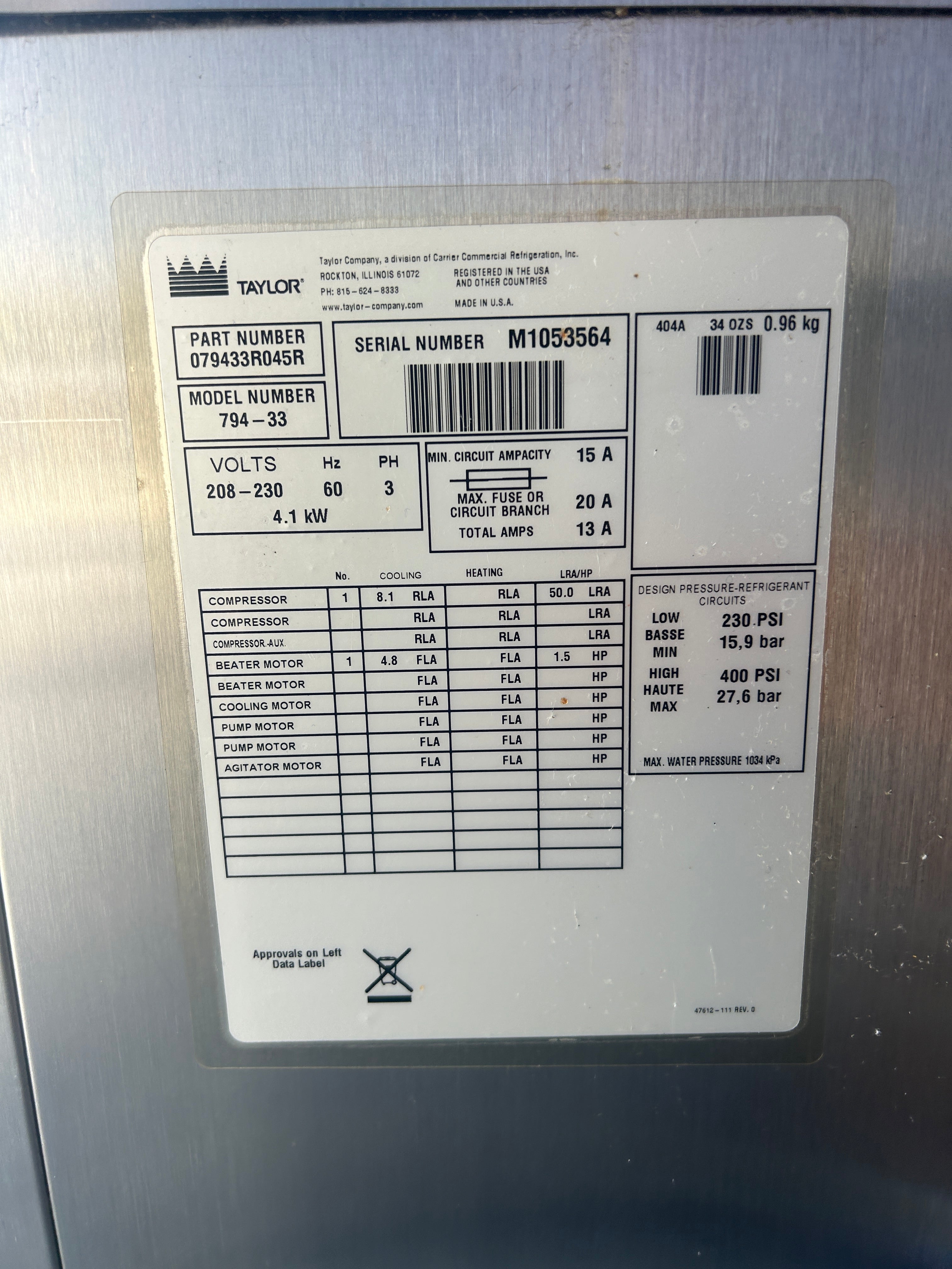 2011 Taylor 794 3PH Water