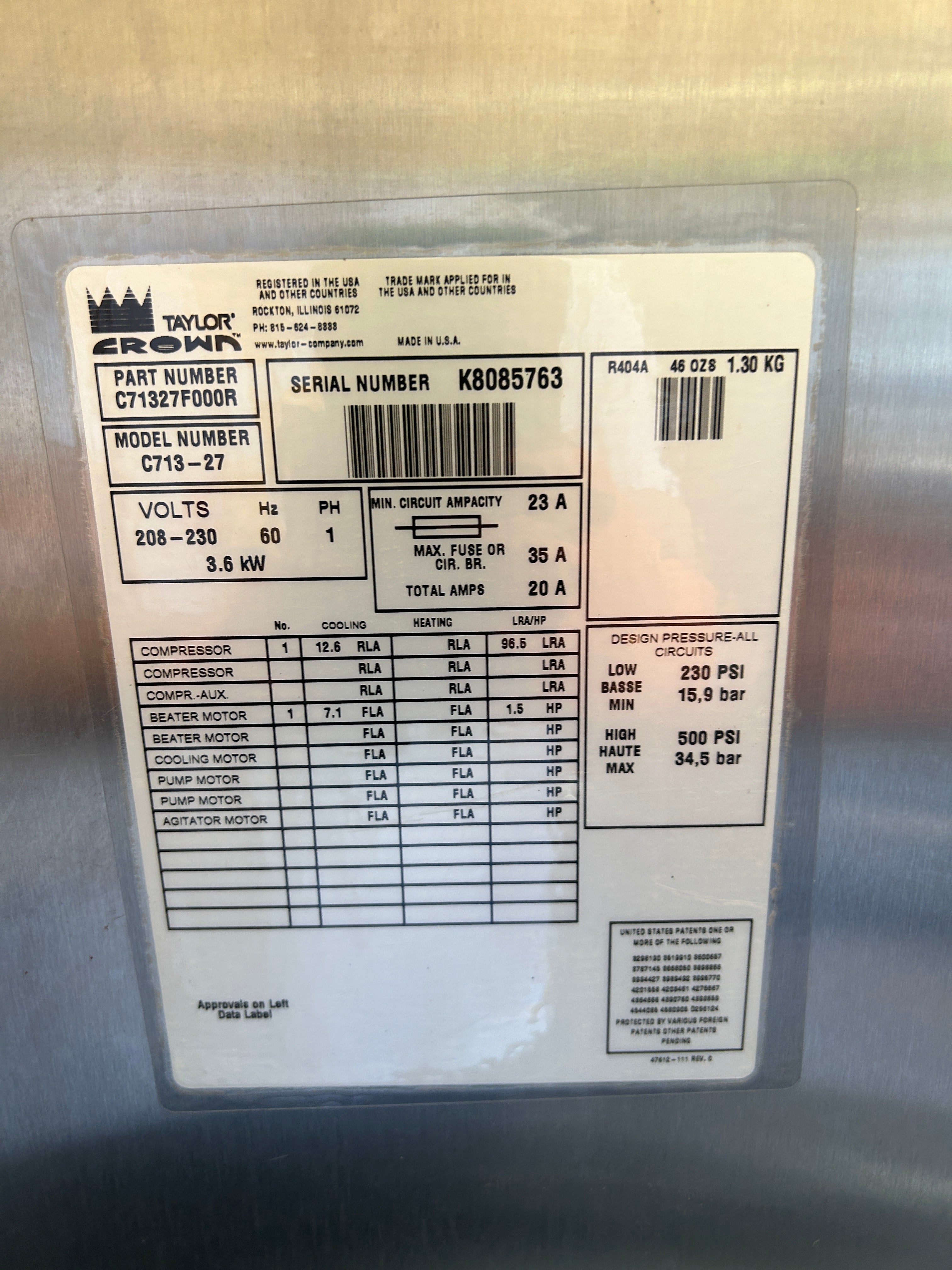 2008 Taylor C713 1Ph Air w warranty