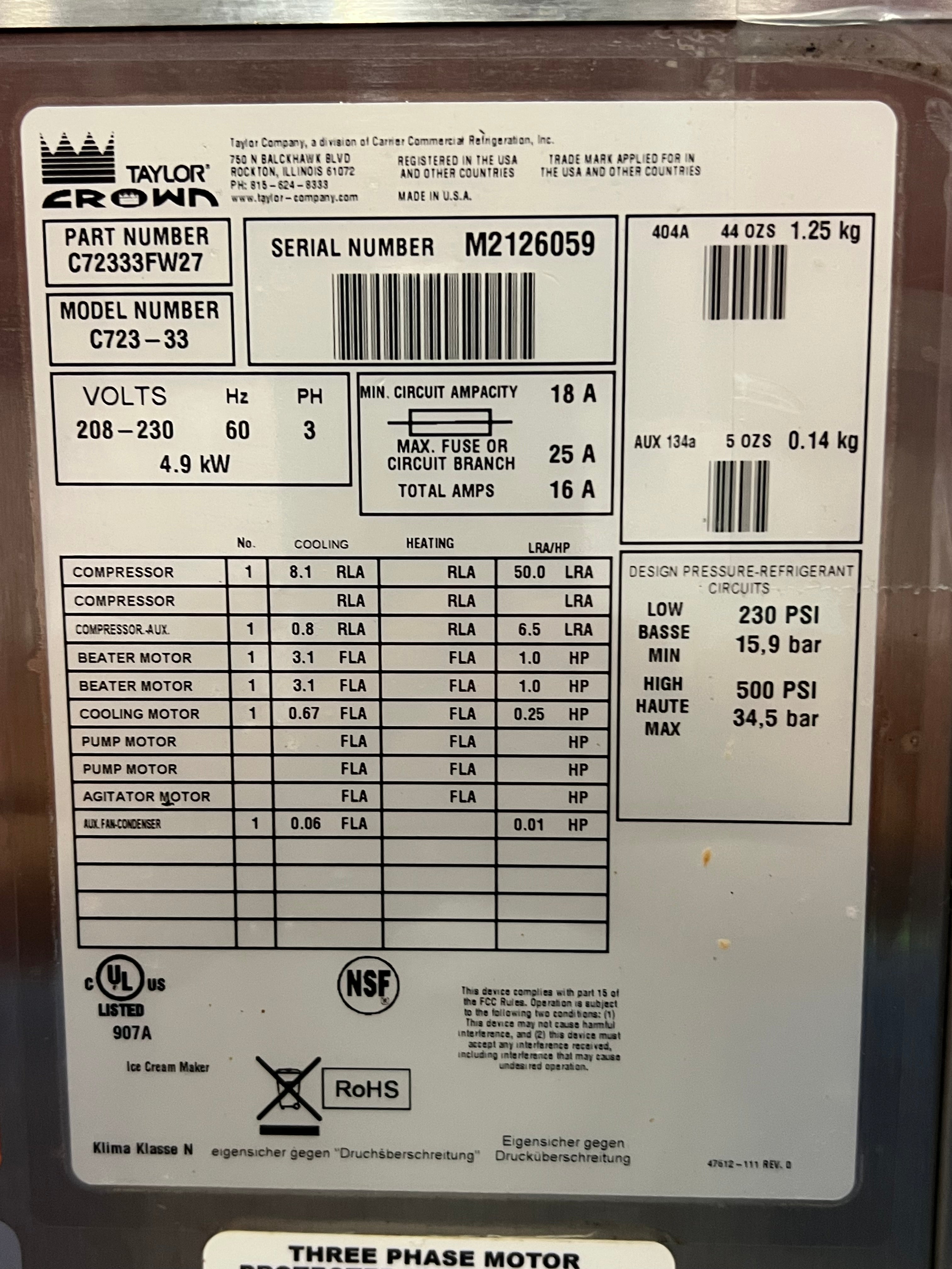 Package with 3 (three) 2012 Taylor C723 3ph air with Master-bilt DD-46L dip cabinet and a Deerfield drop in bar for refrigerated toppings.
