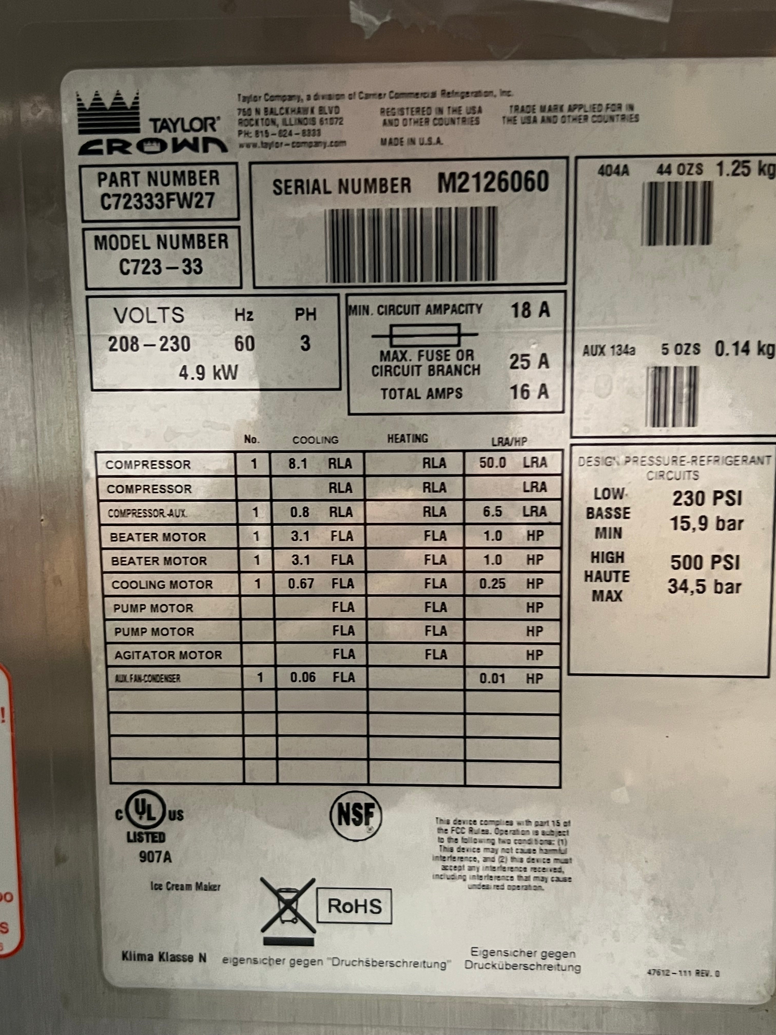 Package with 3 (three) 2012 Taylor C723 3ph air with Master-bilt DD-46L dip cabinet and a Deerfield drop in bar for refrigerated toppings.