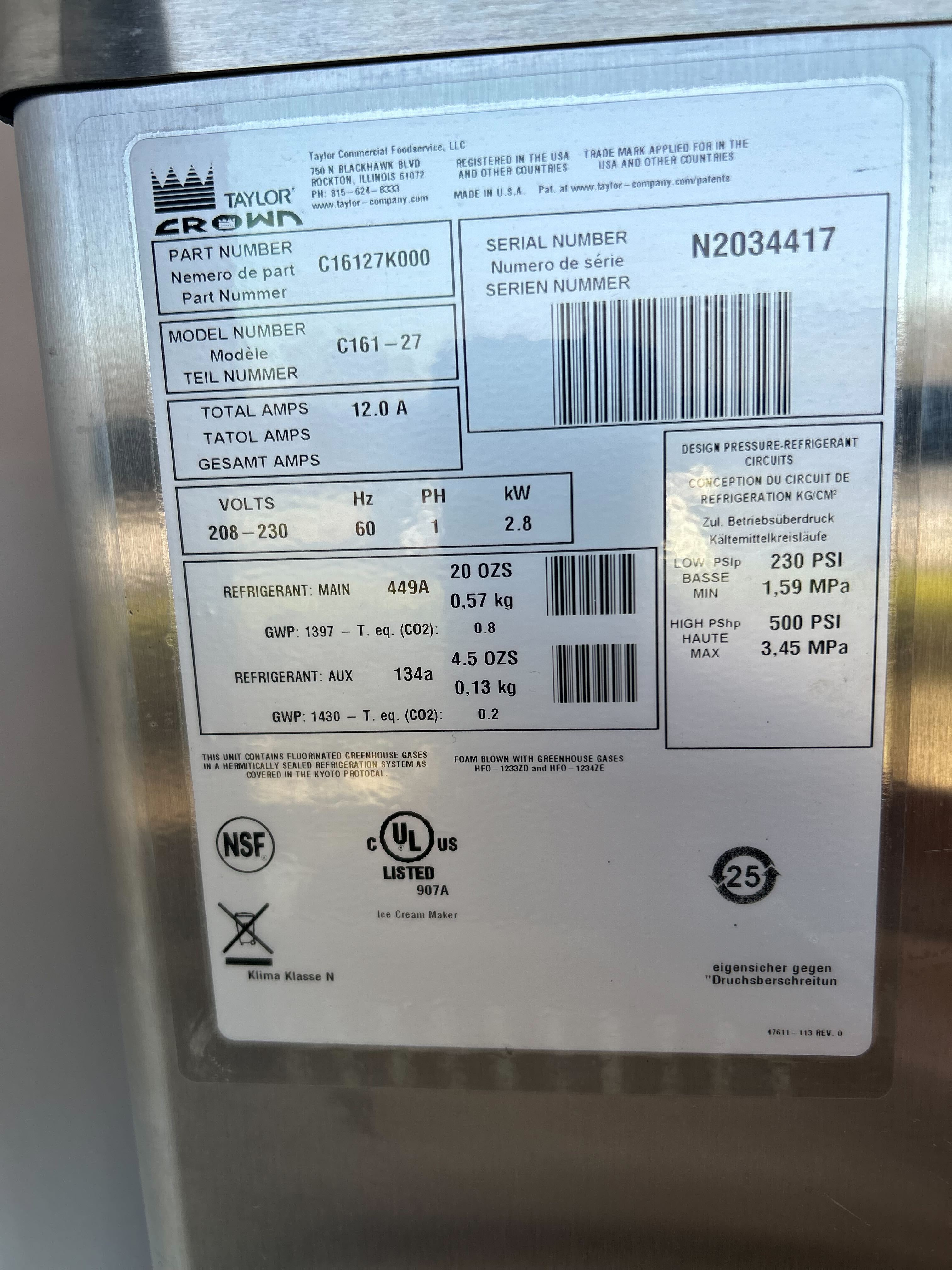 Taylor 2022 C161 1ph air (shipping is extra, check or wire payment only)