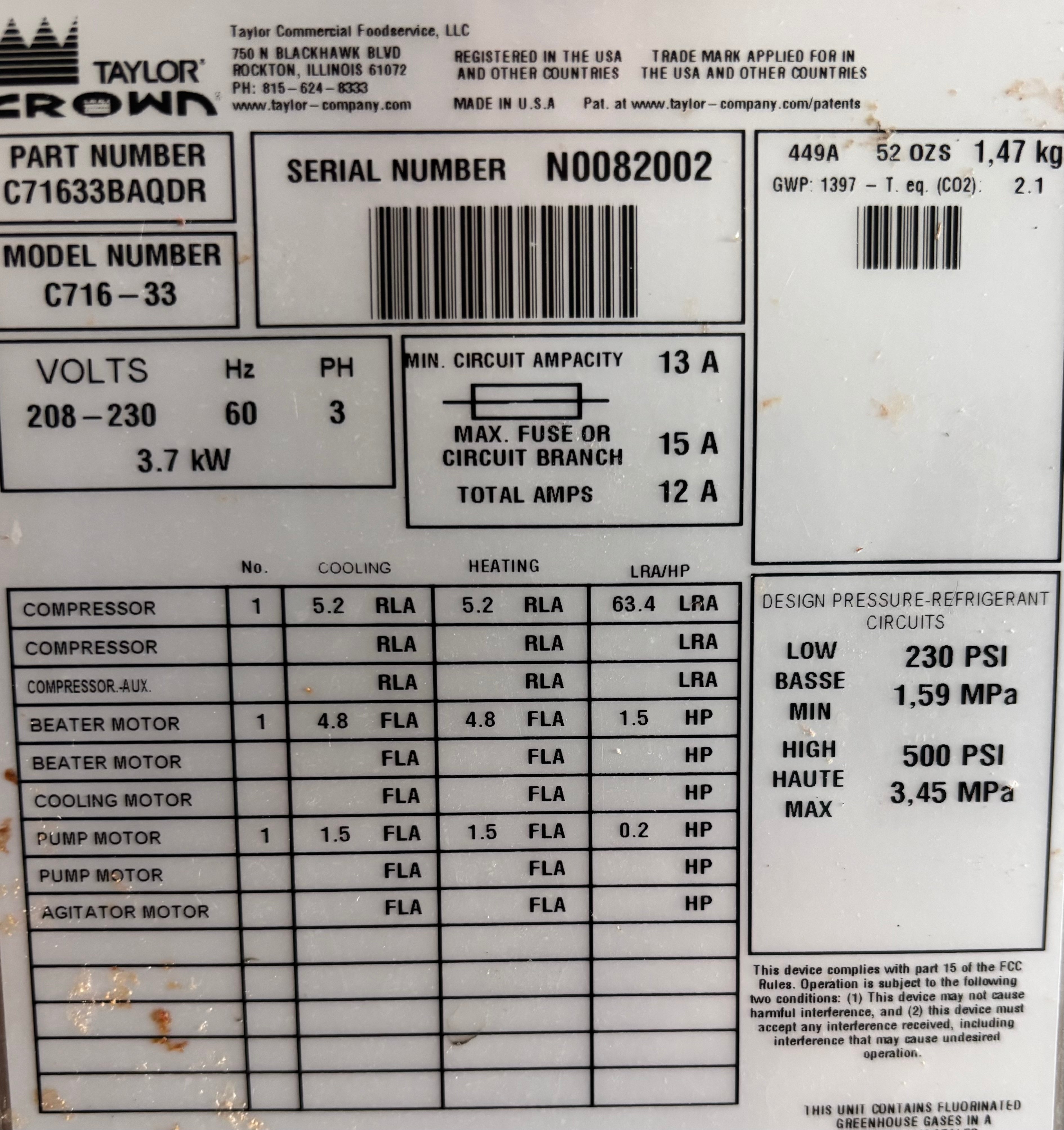 2020 Taylor C716 3ph air