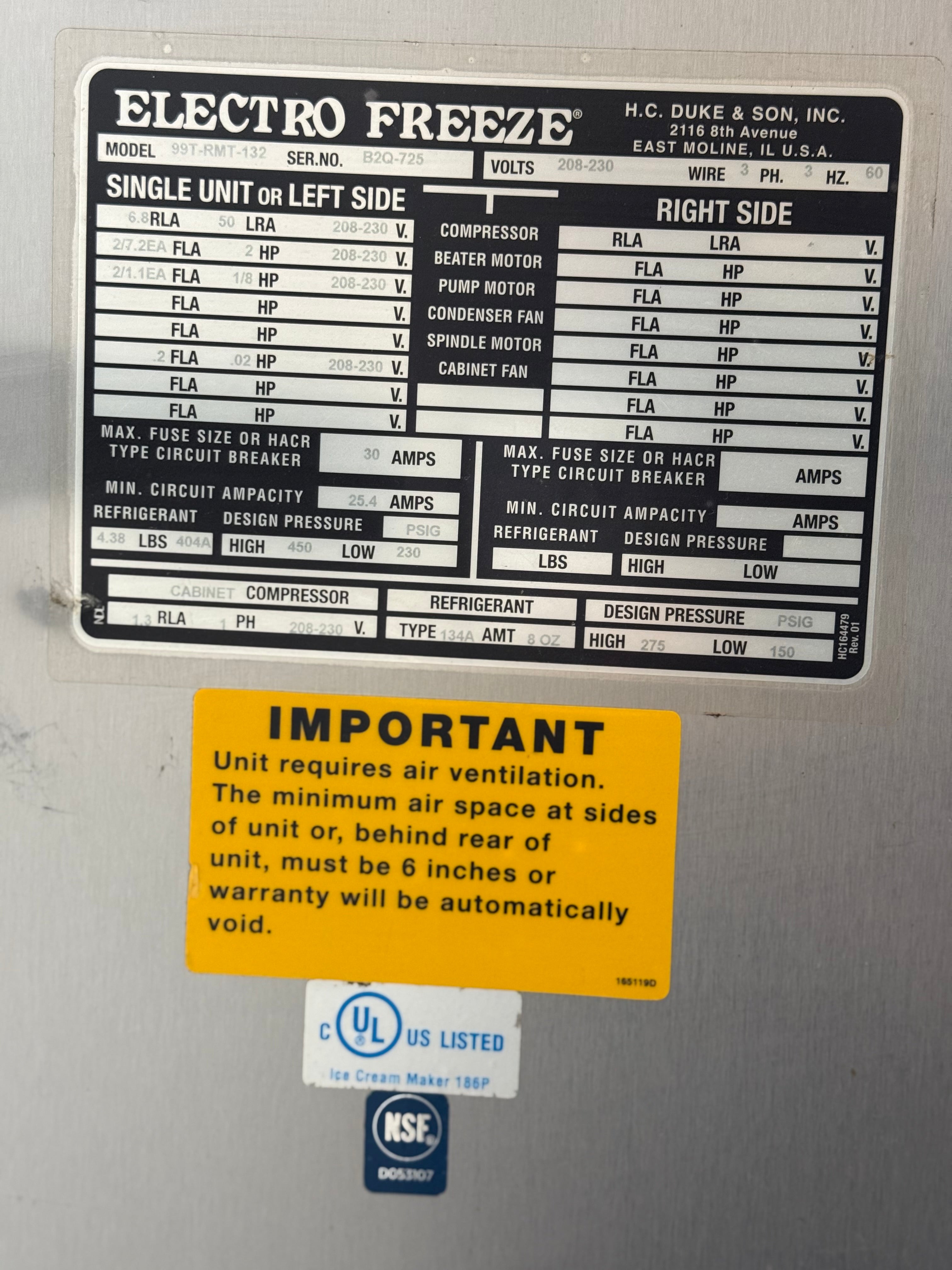 2011 Electro Freeze 99T-RMT-132 – Water Cooled – 3-Phase (220V) – SN: B2Q725