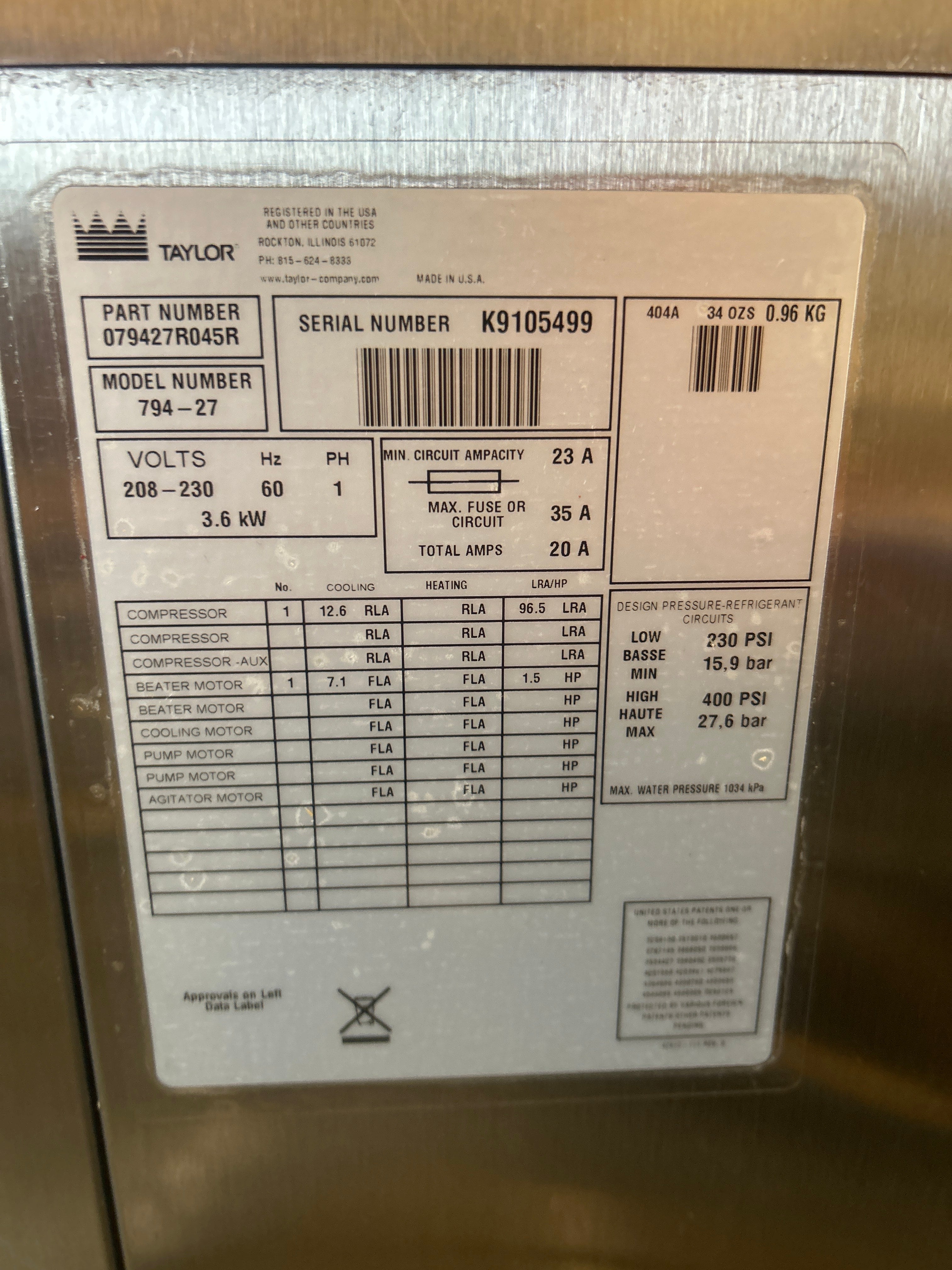 2009 Taylor 794-33 Refurbished 3ph water