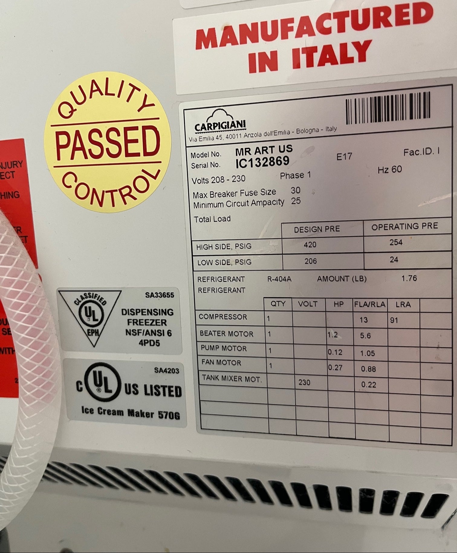 2017 Carpigiani MR ART 1ph air