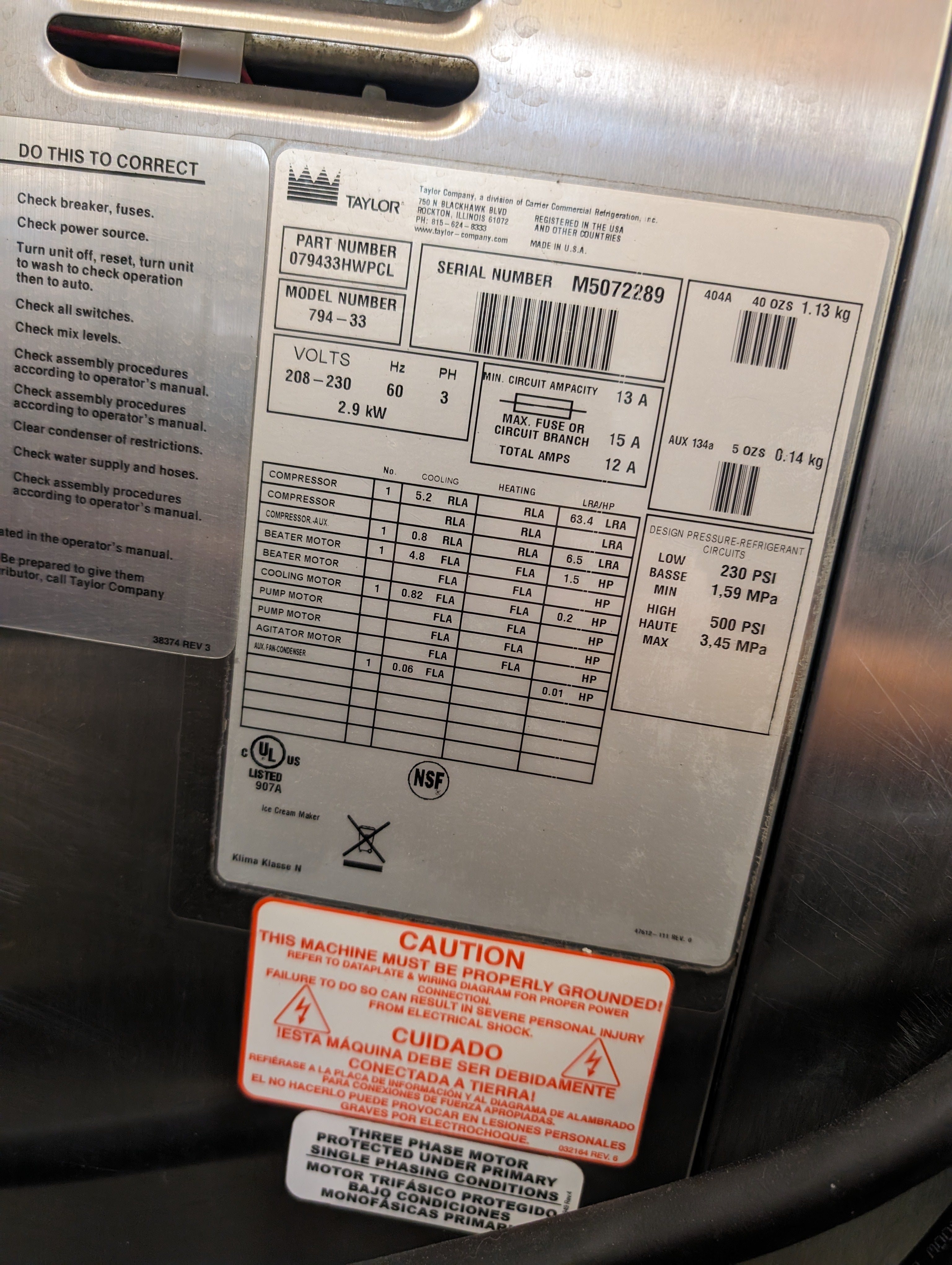 2015 Taylor 794-33 3ph Air Cooled