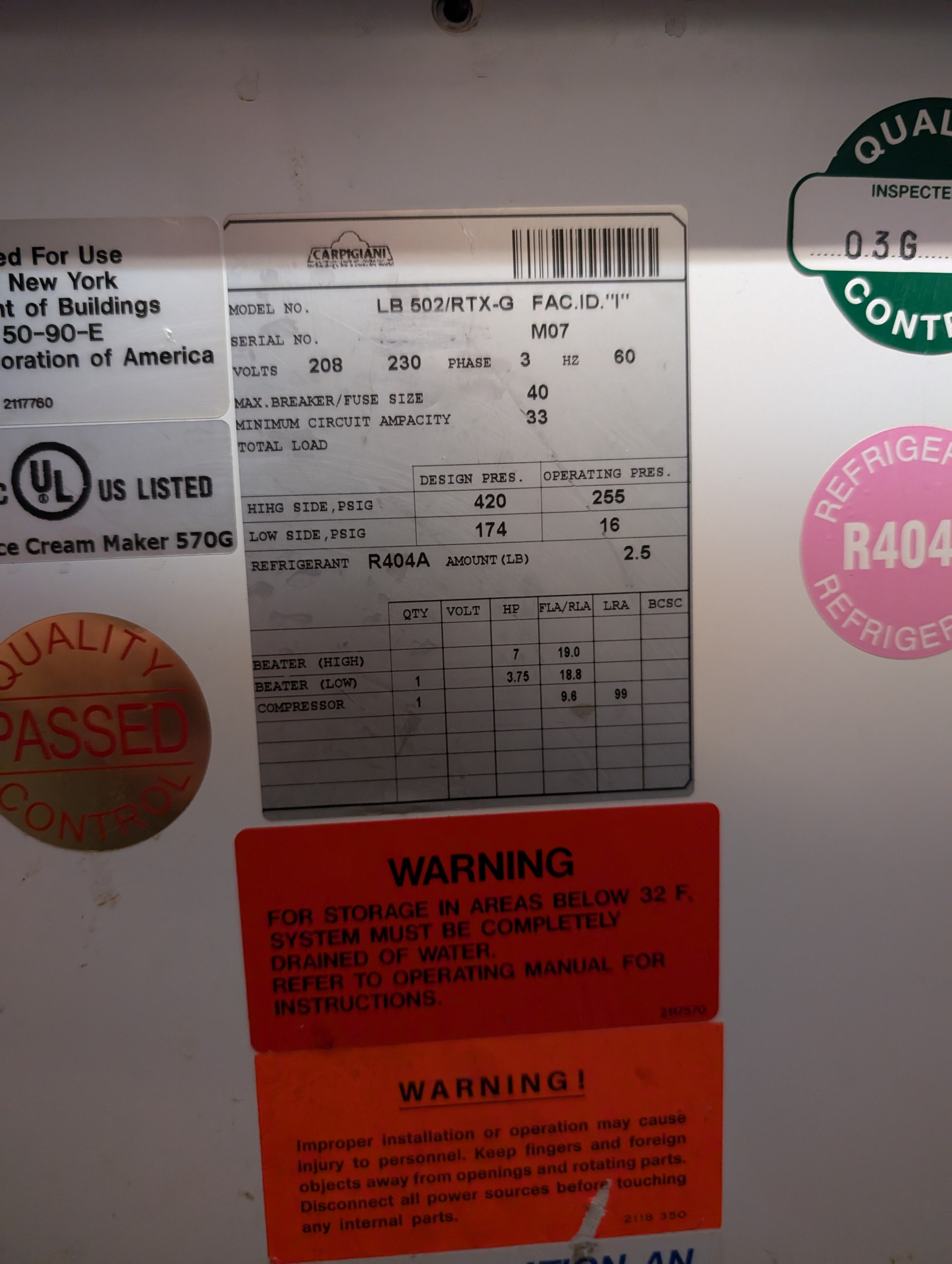 2007 Carpigiani LB502 3 phase water cooled