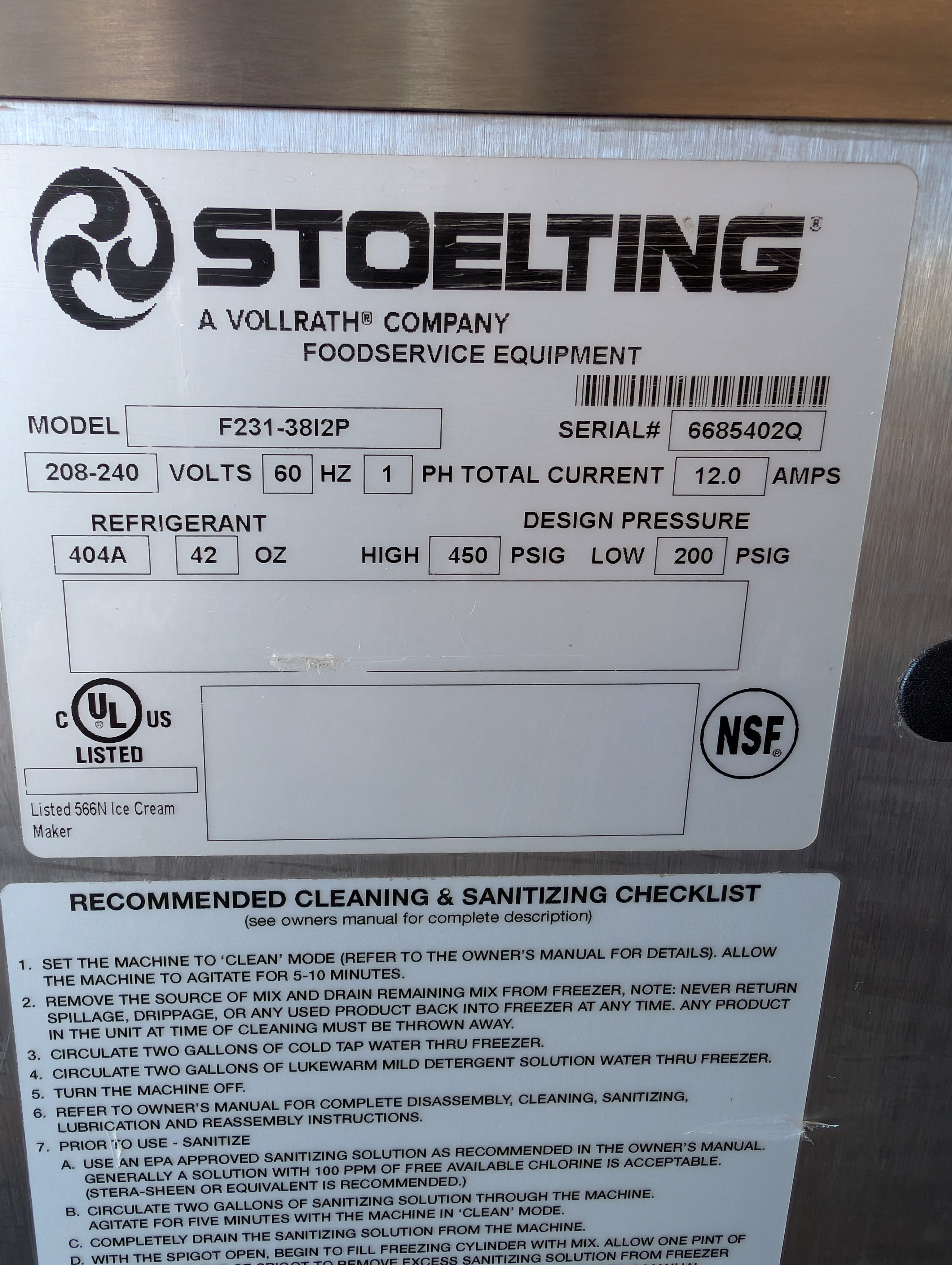 2018 Stoelting F231-3812P 1ph air refurbished