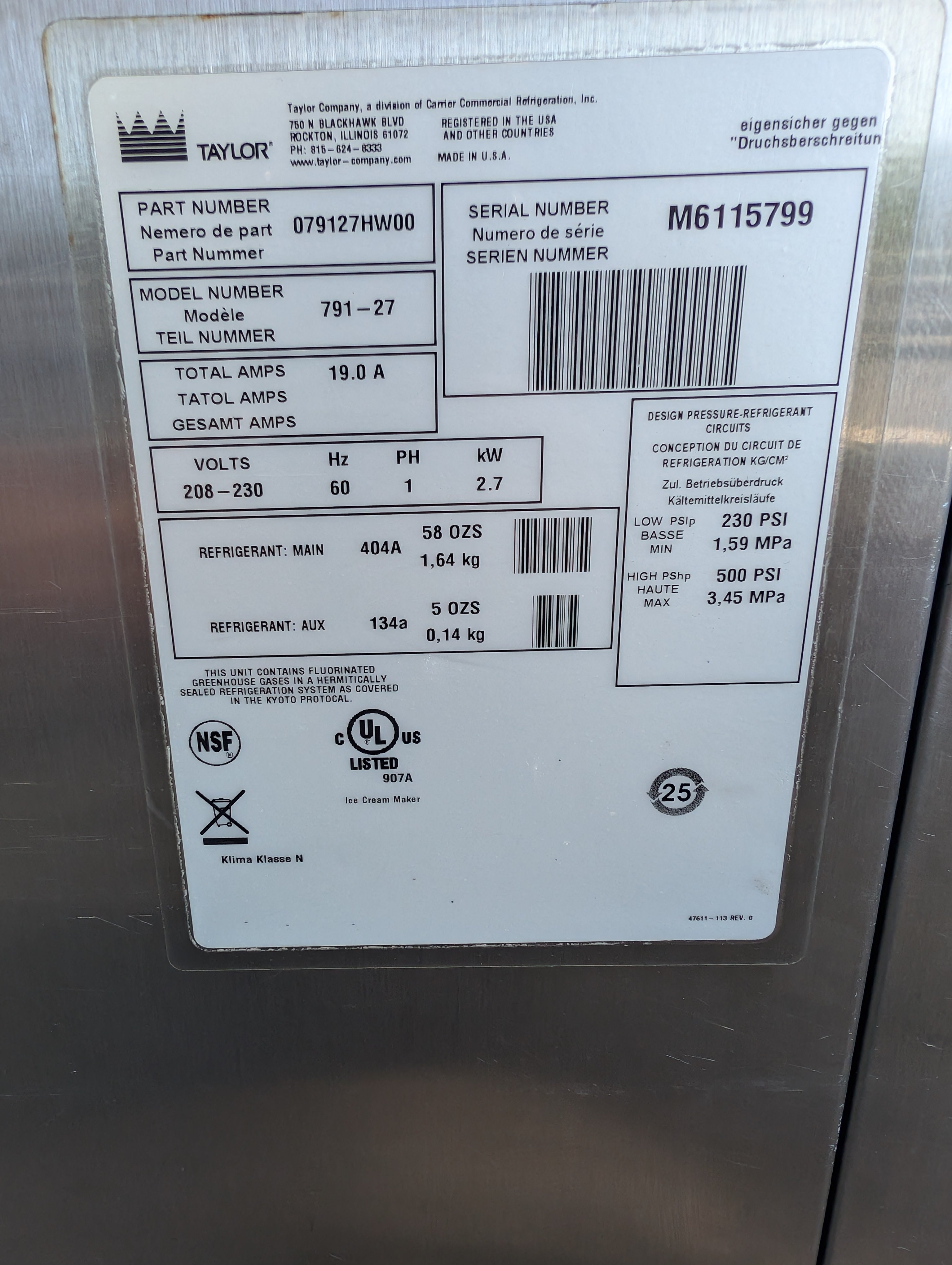 2016 Taylor 791-27 1ph air cooled