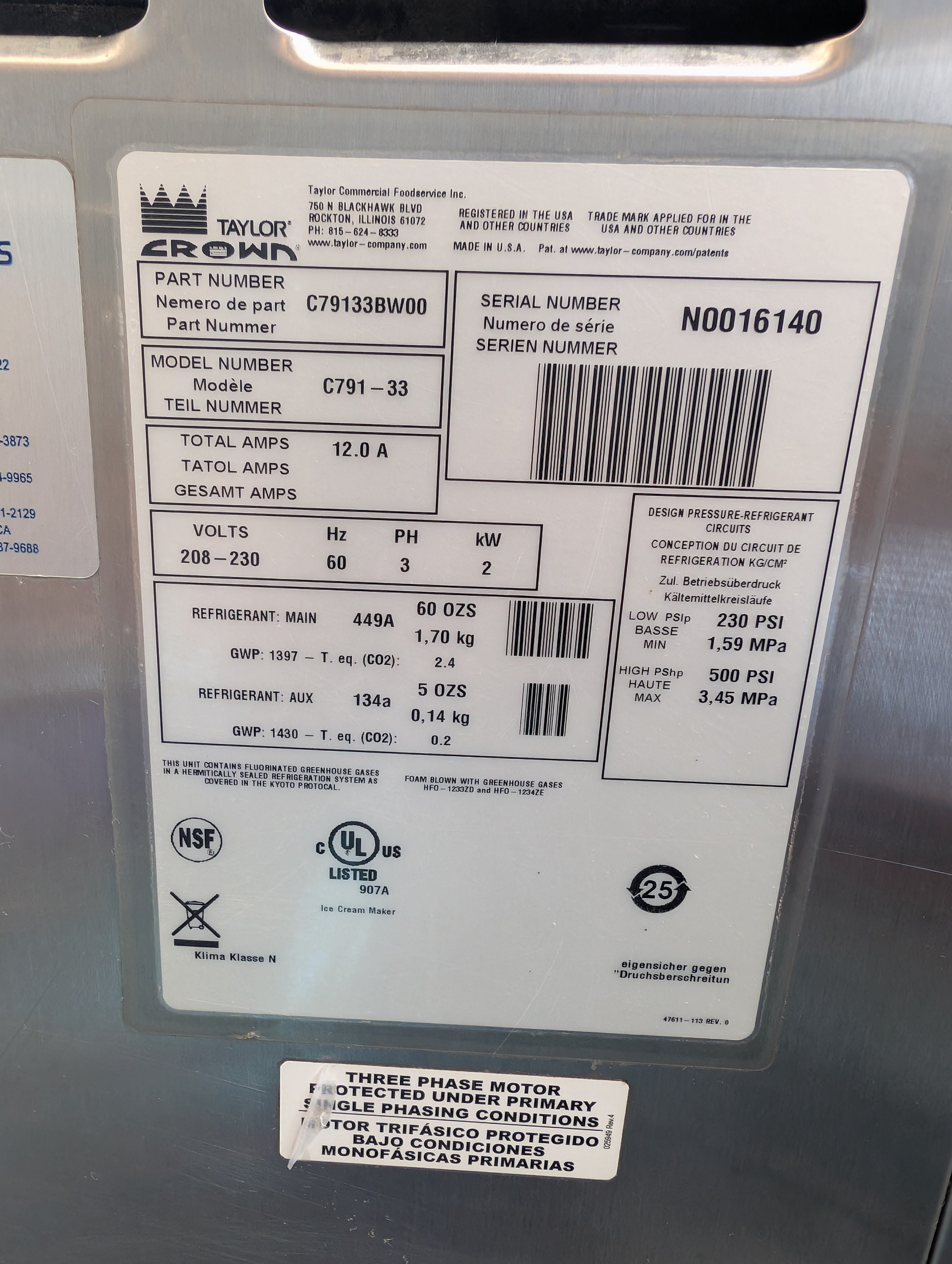 2020 Taylor 791-27 3ph air cooled