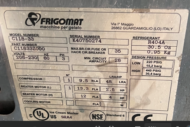 One (1) Taylor / Frigomat C118  3ph water