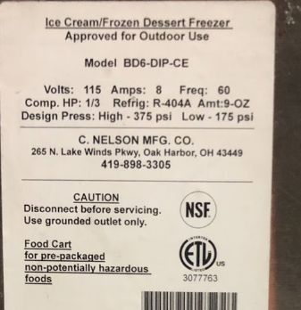 2014 Rita's Nelson BD6-CE-03 Dip Cart with sink and canopy