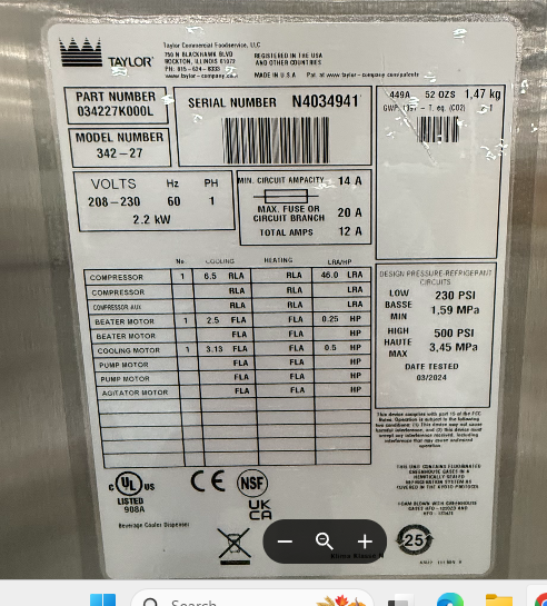 2024 Taylor 342-27 Milkshake Beverage machine 1ph air Never Used