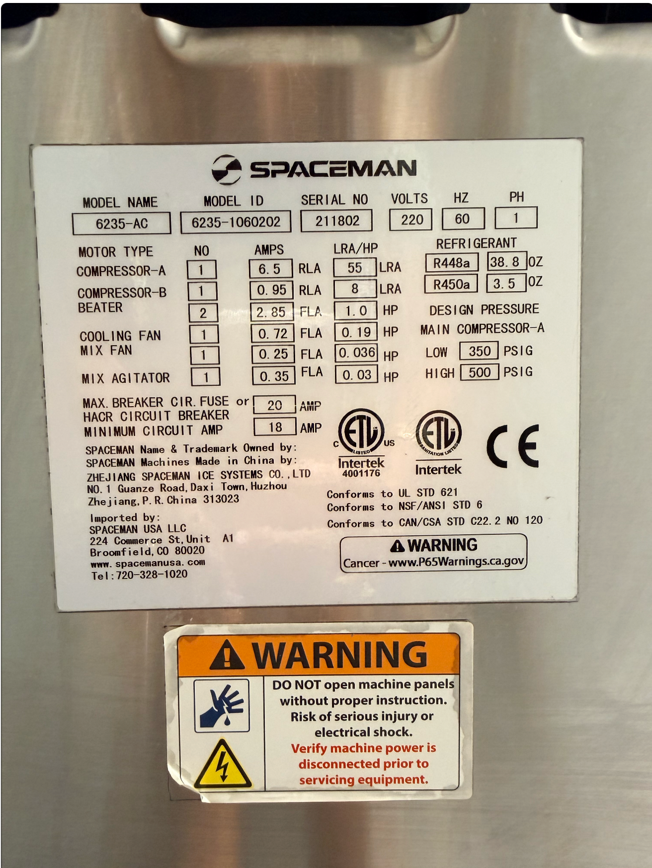 2021 Spaceman 6235-AC – Air Cooled – 1-Phase (220V) – SN: 211802