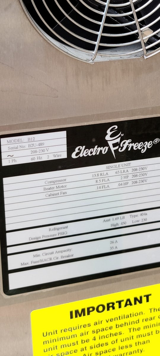 2015 Electrofreeze B12 1PH Water Batch Freezer barely used