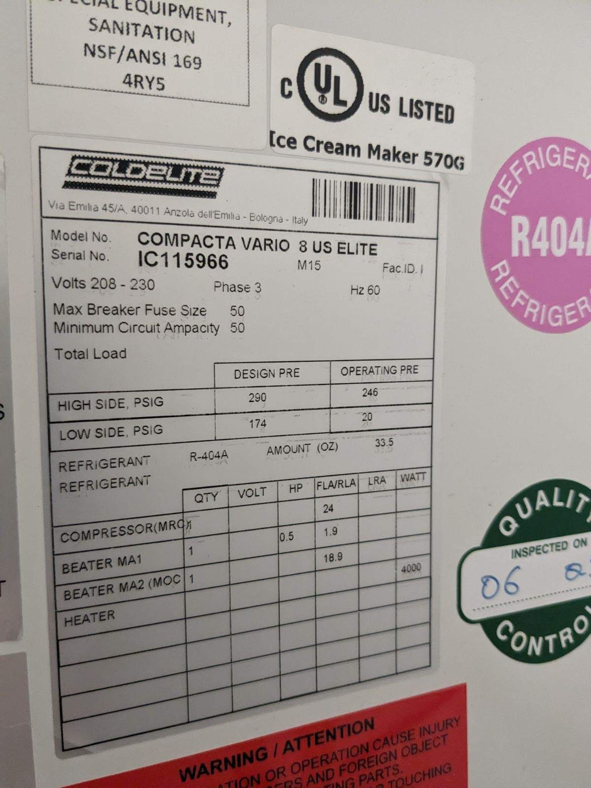 2020 (2015) Coldelite Vari0 Classic 8 Heat/Batch Combo + Techfrost E10 Blast Freezer (check or wire payment only shipping extra)