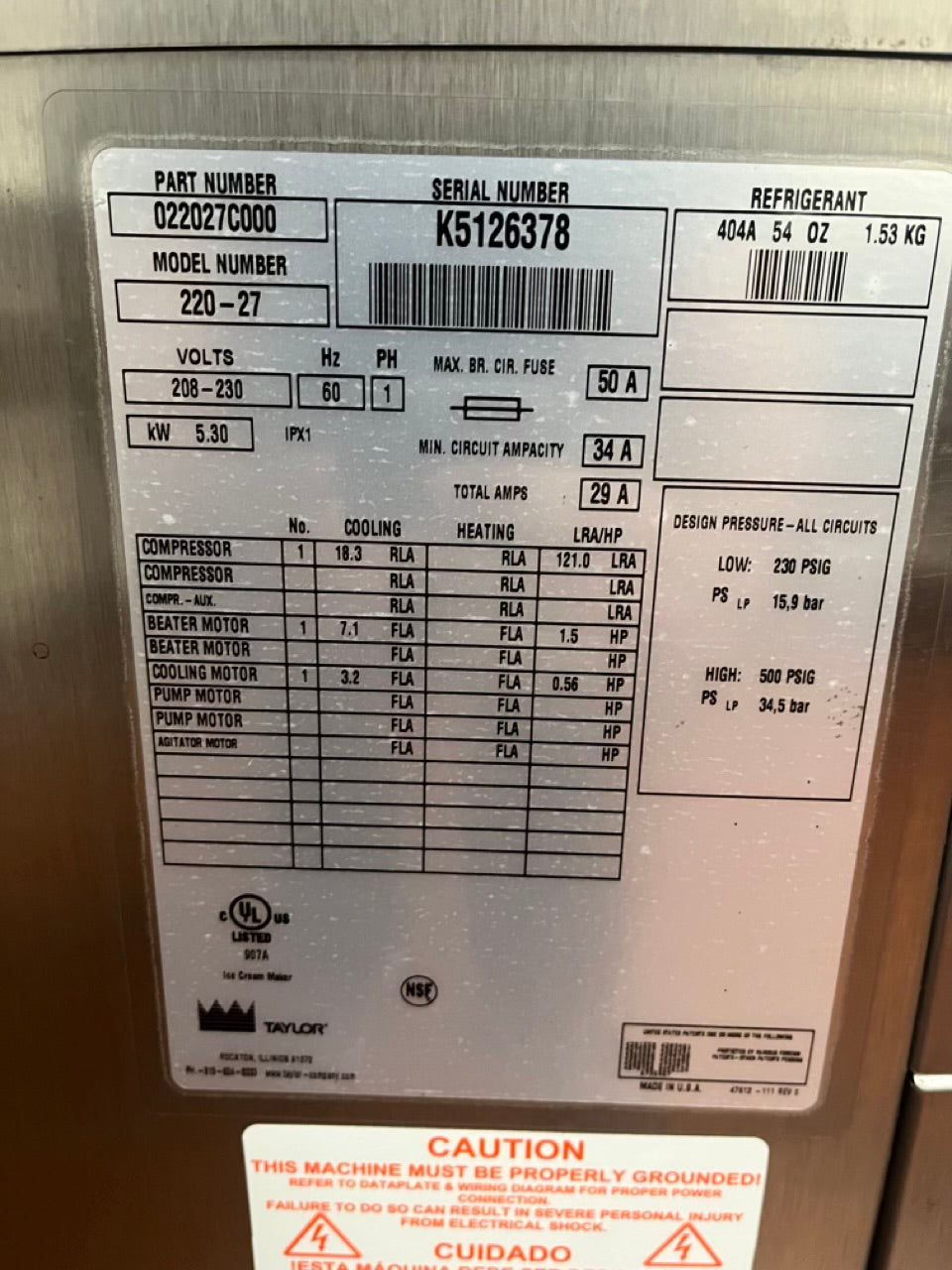 2005 Taylor 220 Batch Freezer 1ph air cooled ( shipping not included )
