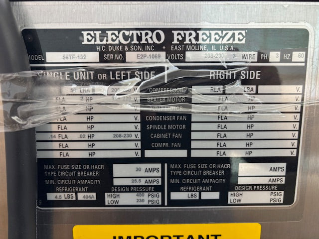 Three (3) 2010 Electro Freeze 56TF-132 3ph water