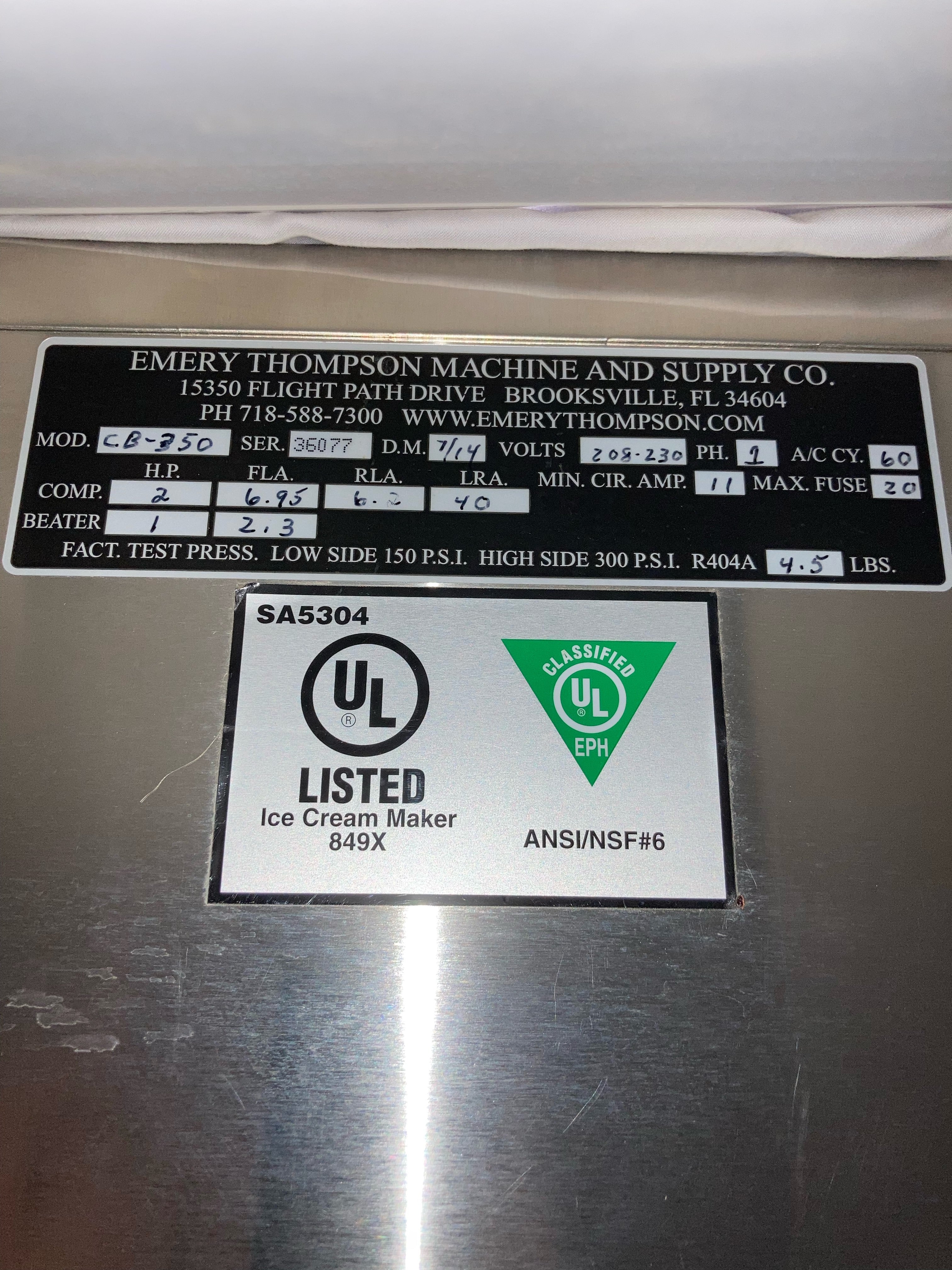 2014 Emery Thompson CB350 Ice Cream Batch Freezer