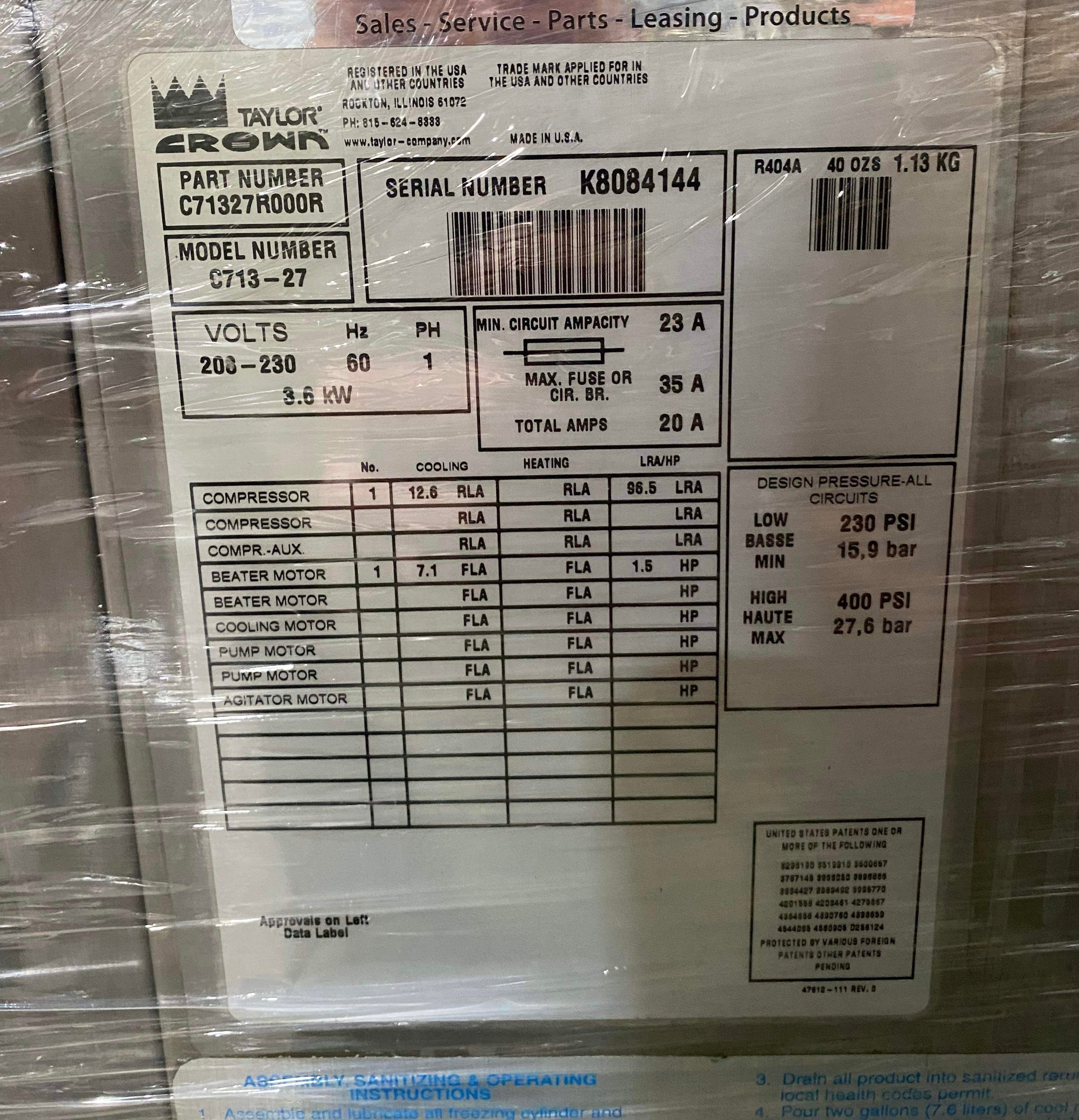 2008 Taylor C713 1ph water