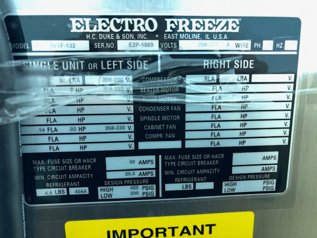 Three (3) 2010 Electro Freeze 56TF-132 3ph water