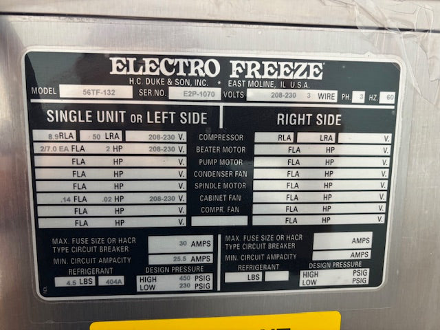 Three (3) 2010 Electro Freeze 56TF-132 3ph water